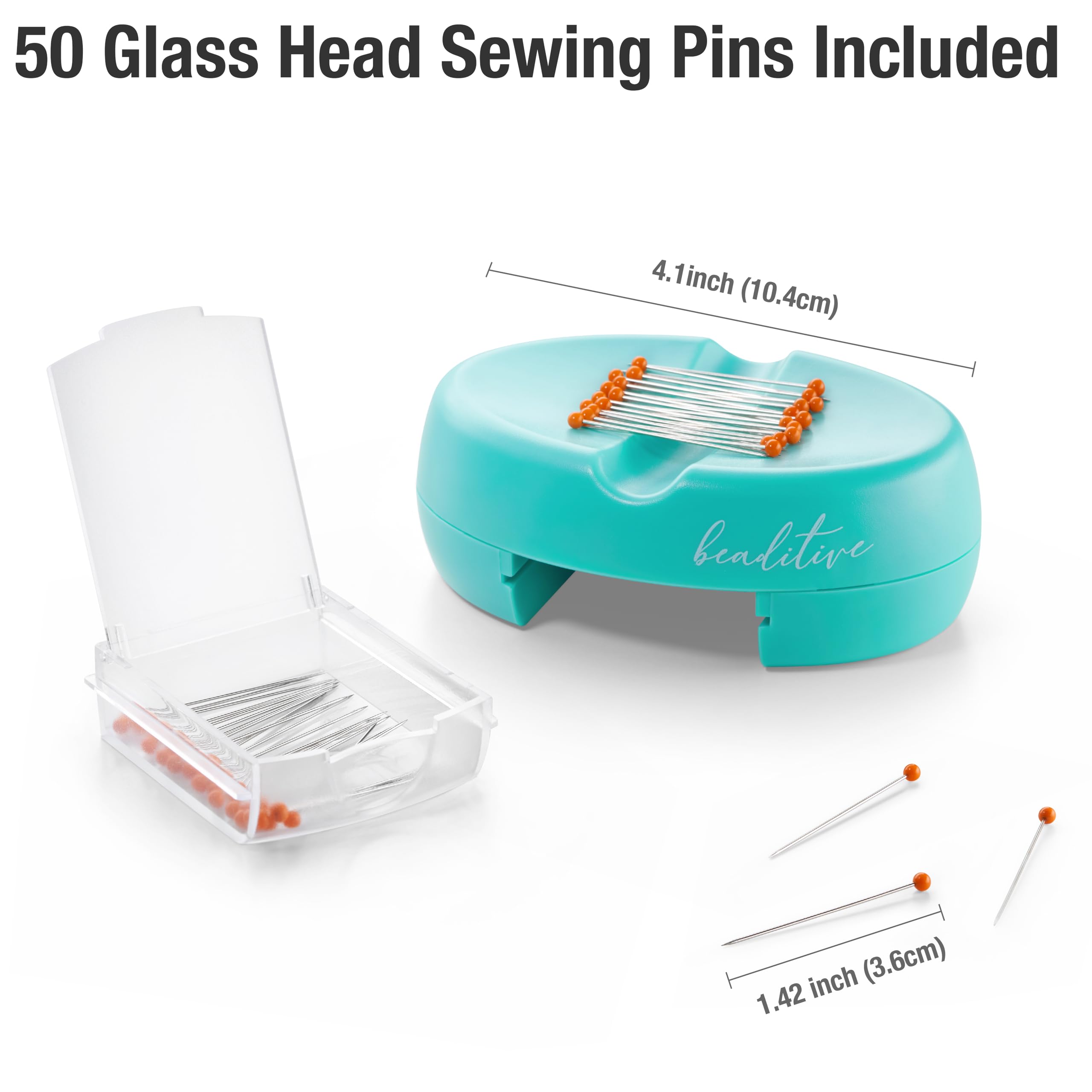 Beaditive Magnetic Pin Cushion with Drawer - Strong Magnet Pin Holder for Sewing & Quilting - 50 Glass Head Pins Included - Organize Sewing Pins, Needles, Paper Clips & Small Tools - Perfect for Crafting, DIY Projects & Home Organization (Turquoise)