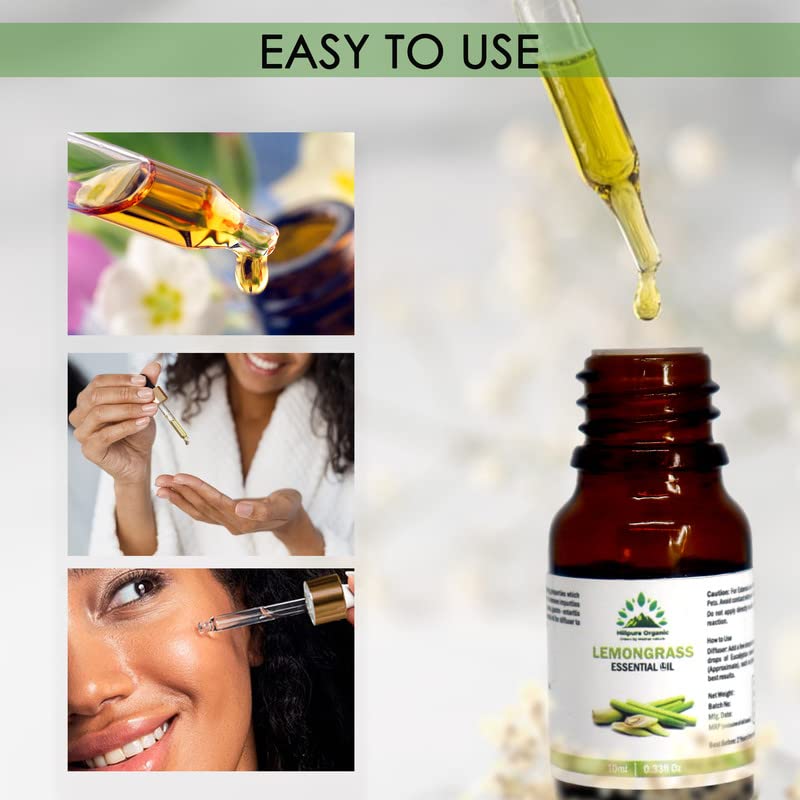 Hillpure Organic Lemongrass Essential Oil - 100% Pure Natural Aromatherapy Oil for Hair, Skin & Relaxation | 10ml | Perfect for Diffusers, Massage & DIY Beauty Products
