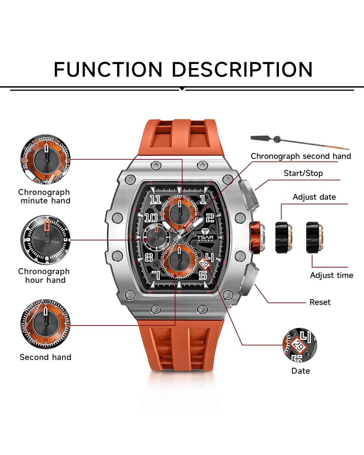 TSAR BOMBA Men's Luxury Chronograph Watch - Japanese Quartz Movement, Sapphire Crystal, 50M Water Resistant, Luminous Diver Watch with Rubber Strap - Perfect Gift for Him | Business, Casual & Outdoor Activities