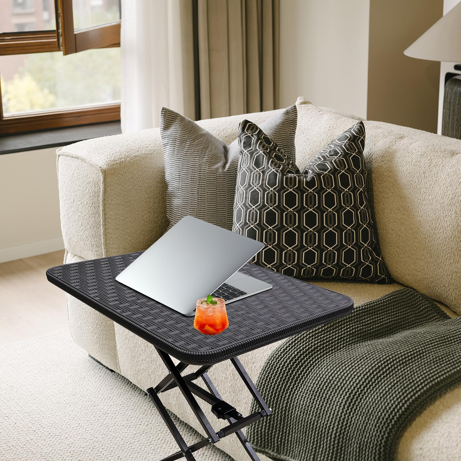 Adjustable Folding TV Tray Table - One-Hand Height Control, Portable Square Rattan Pattern Bedside & Camping Table for Indoor Outdoor Use - Perfect for Parties, Patio, Garden, Backyard, Picnics & Small Space Living