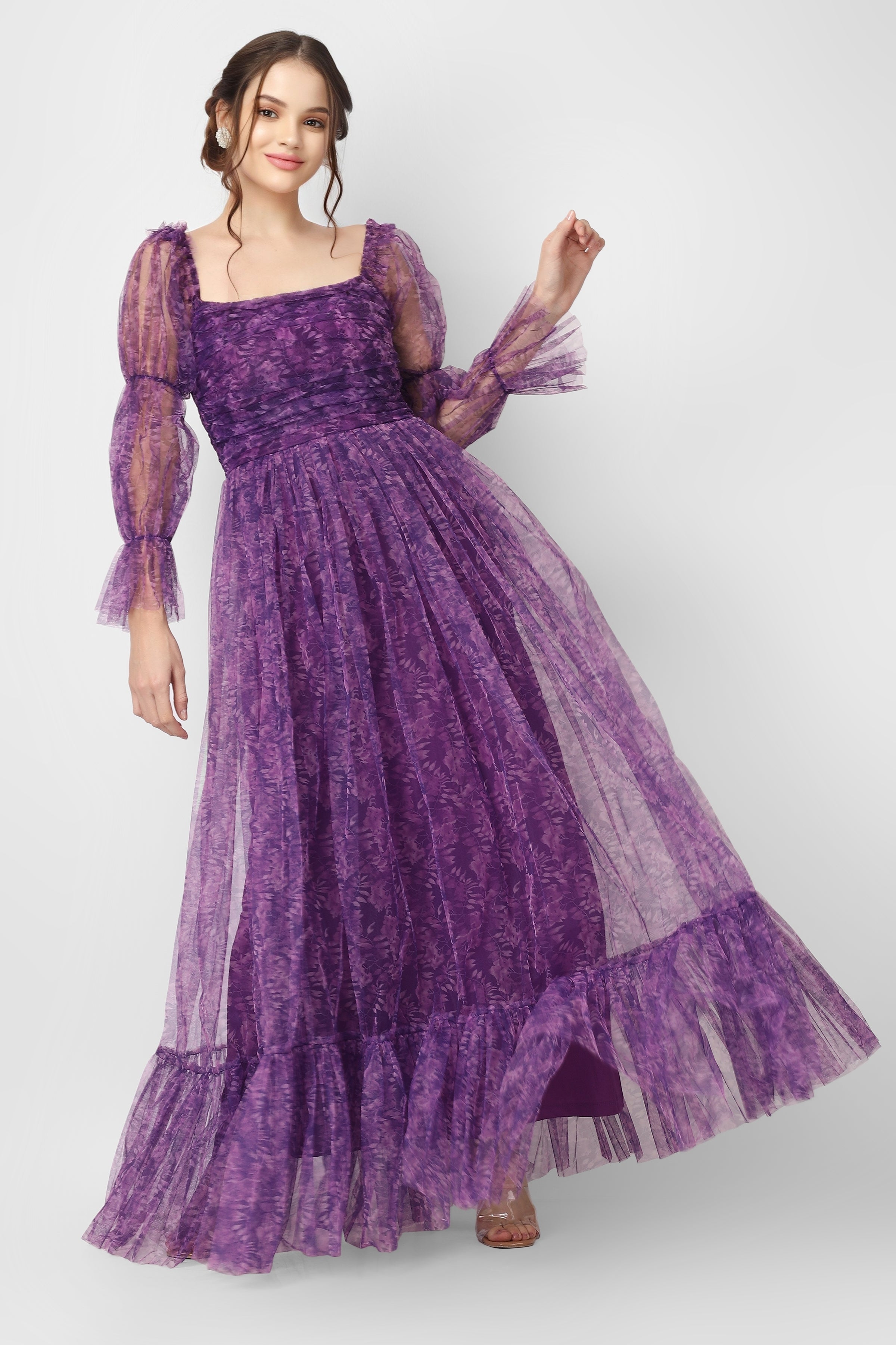 Elegant Ruth Purple Printed Tulle Dress for Women | Floral Lace Party Gown | Perfect for Weddings, Prom & Special Occasions