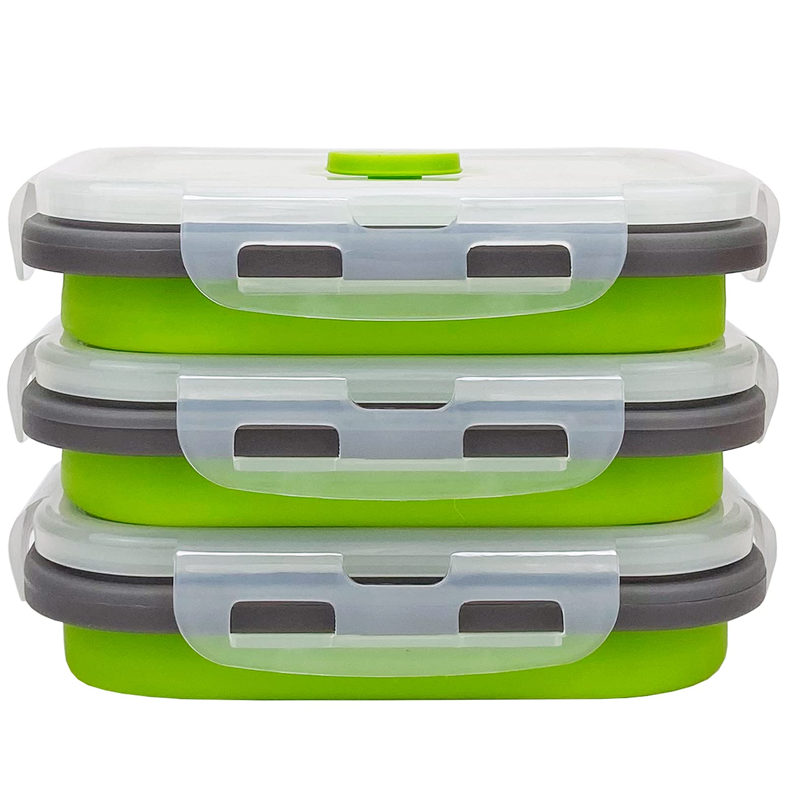 3-Piece Collapsible Food Storage Containers with Lids - Microwave & Freezer Safe Silicone Lunch Box - Space Saving for Kitchen, Camping & Travel (Green Gray) | Perfect for Meal Prep, Office Lunch & Outdoor Adventures
