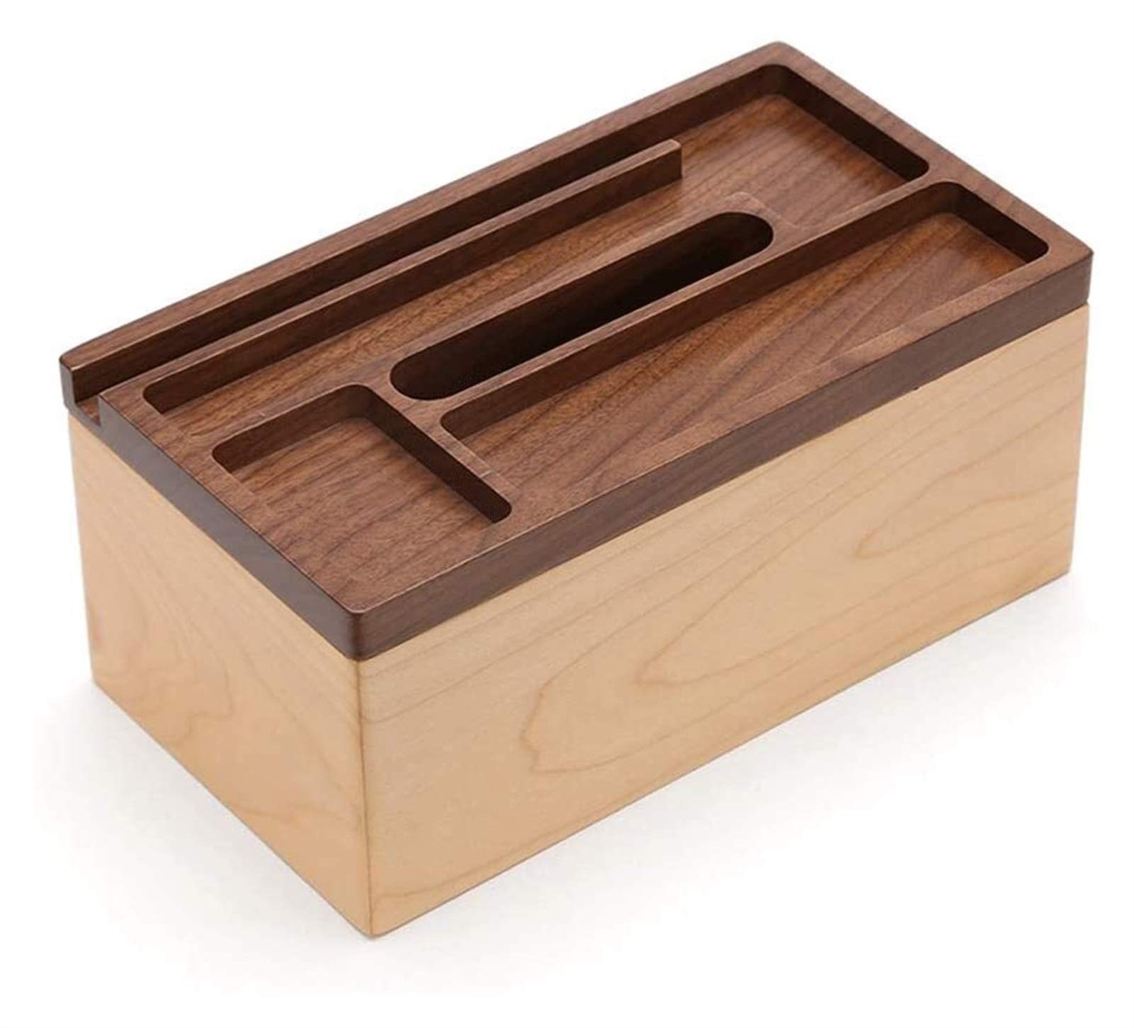 Wooden Tissue Box Cover - Walnut & Maple Decorative Tissue Holder with Storage for Pens, Pencils, Paper Clips & Phone - Perfect for Living Room, Bedroom & Office Desk Organization