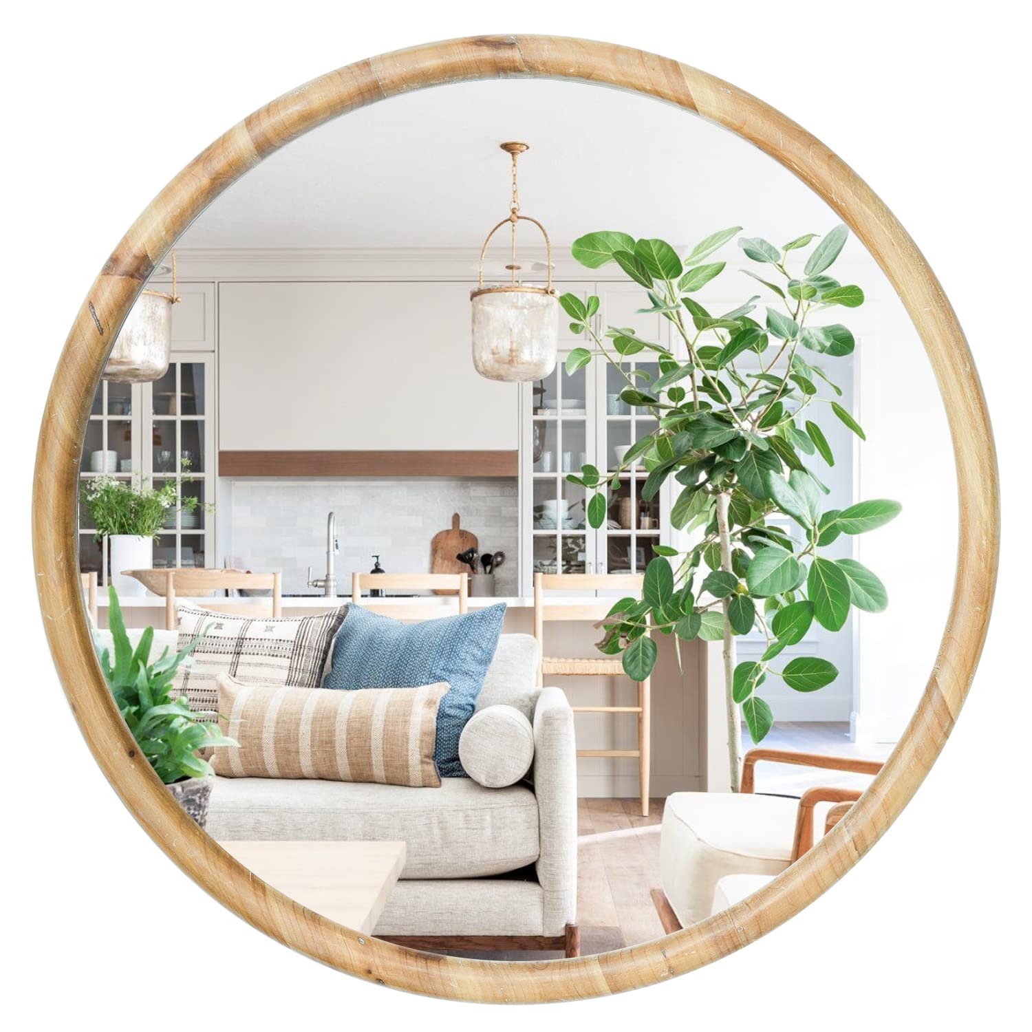 Sawsile 24 Inch Natural Wood Round Mirror - Rustic Farmhouse Decorative Wall Mirror for Living Room, Fireplace, Hallway - Perfect for Home Decor & Cozy Spaces