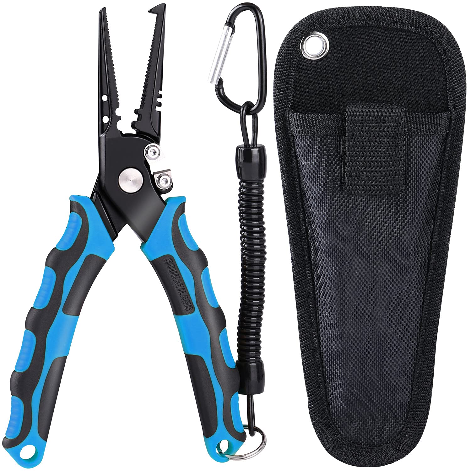 Sougayilang Fishing Pliers - 420 Stainless Steel Saltwater Resistant Fishing Tool with Rubber Handle, Sheath & Lanyard - Tungsten Carbide Cutters for Saltwater Fishing, Kayak Fishing, and Boat Fishing Gear