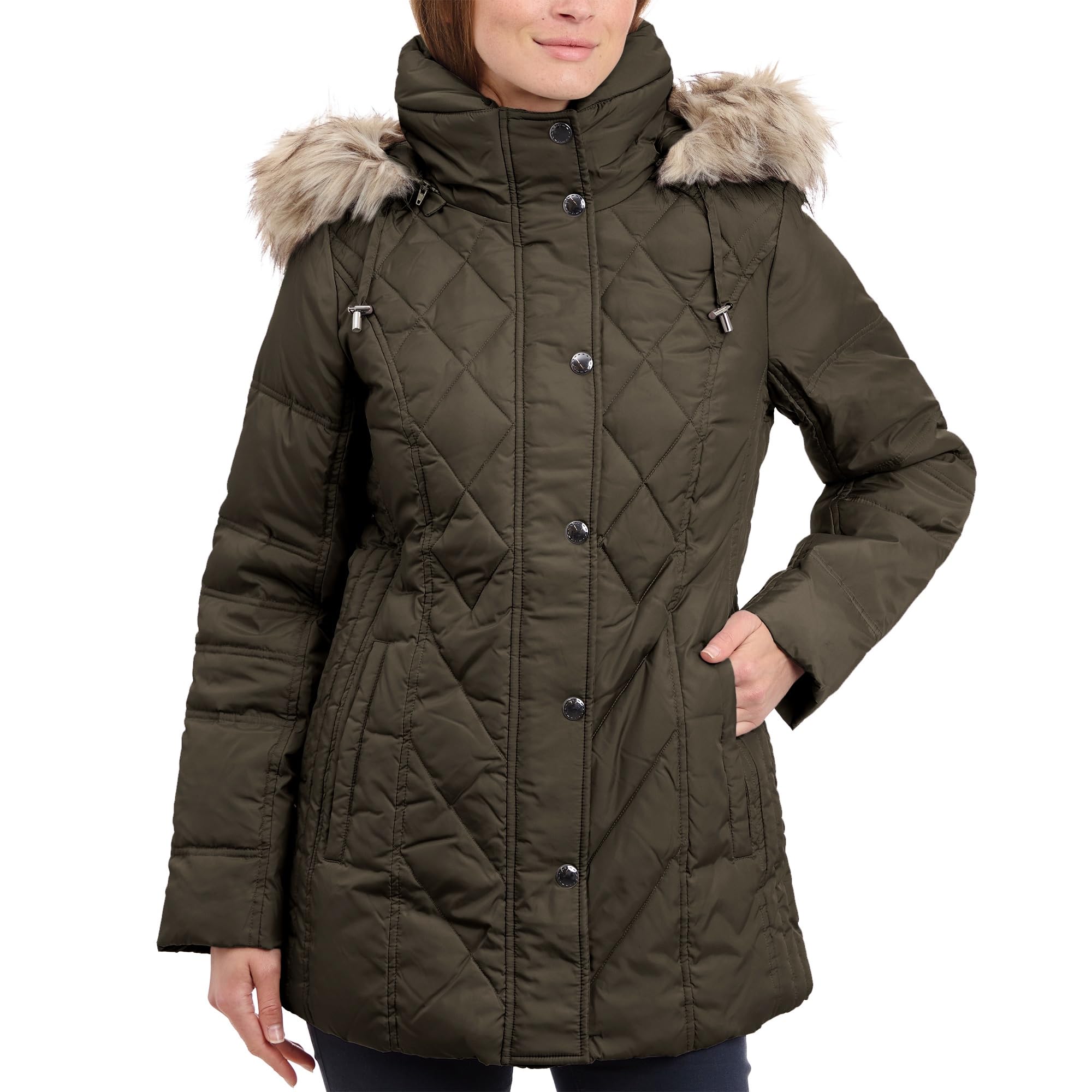 London Fog Women's Diamond Quilted Down Coat - Warm Winter Jacket with Hood, Water-Resistant, Lightweight Puffer Coat for Cold Weather - Perfect for Snow, Travel & Outdoor Activities