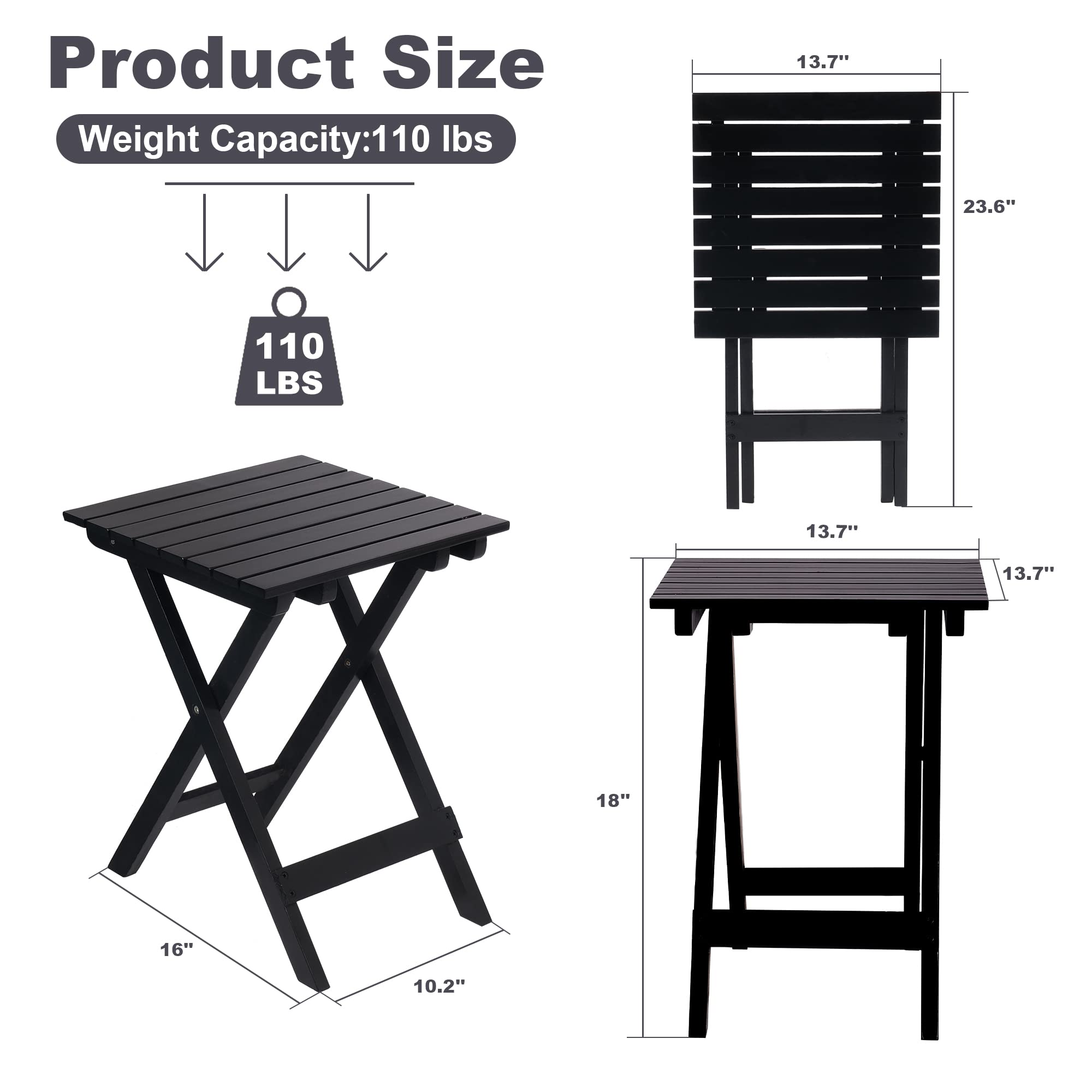 LUCKYERMORE Wooden Folding Square Side Table - Outdoor Patio End Table for Poolside, Backyard & Garden - Black | Perfect for Drinks, Books & Decor by Pool, Patio or Balcony
