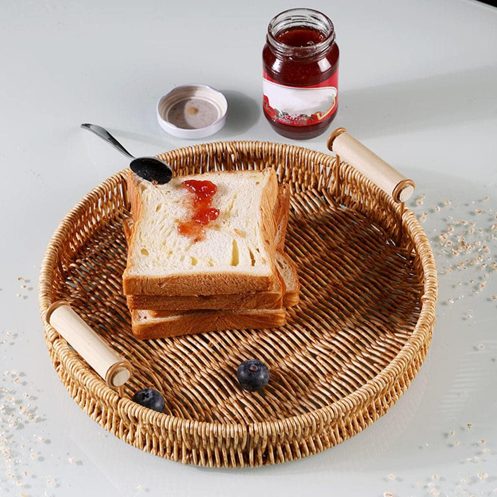 Hand-Woven Wicker Rattan Serving Tray with Handles - 24cm Round Storage Tray for Bread, Fruits, Snacks & Breakfast - Perfect for Kitchen, Dining Table, Picnic & Home Decor