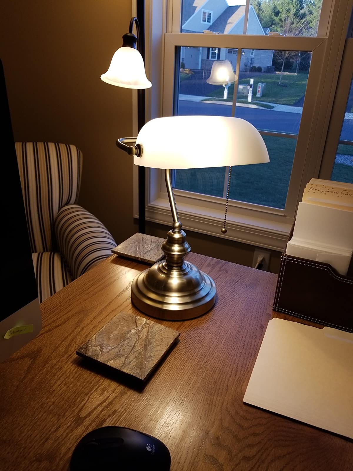Newrays White Matted Glass Bankers Desk Lamp with Pull Chain Switch - Plug-in Fixture for Home Office, Study & Reading (Modern Task Lighting)