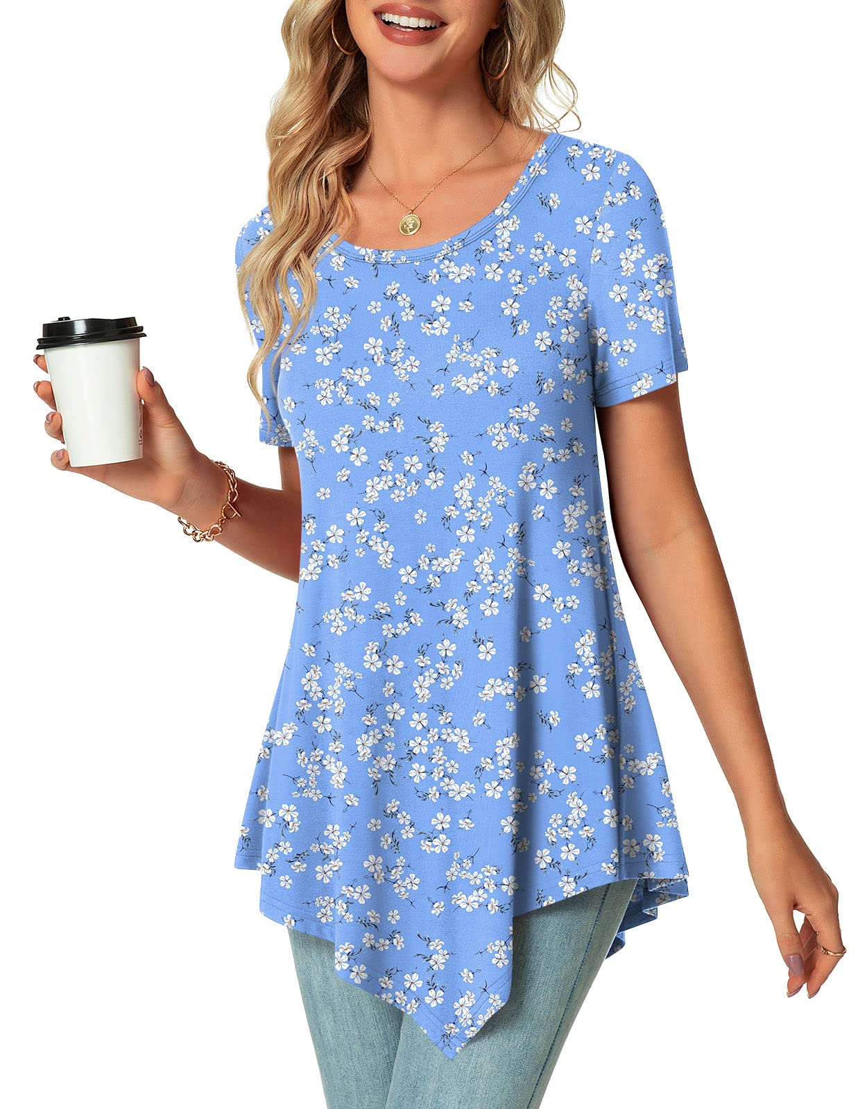 POPYOUNG Women's Summer Casual Short Sleeve Tunic Top - Flowy Spring Blouse for Work & Outings | Perfect for Office, Date Night & Weekend Wear