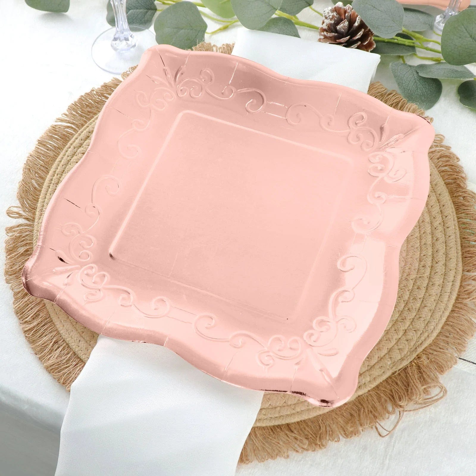 25 Pack Square Disposable Dessert Plates with Elegant Scroll Design - Perfect for Parties, Weddings, and Dinner Events