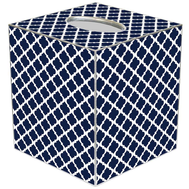 Navy Blue Chelsea Decoupage Wastebasket with Optional Tissue Box Cover - Elegant Bathroom & Bedroom Trash Can for Home Decor