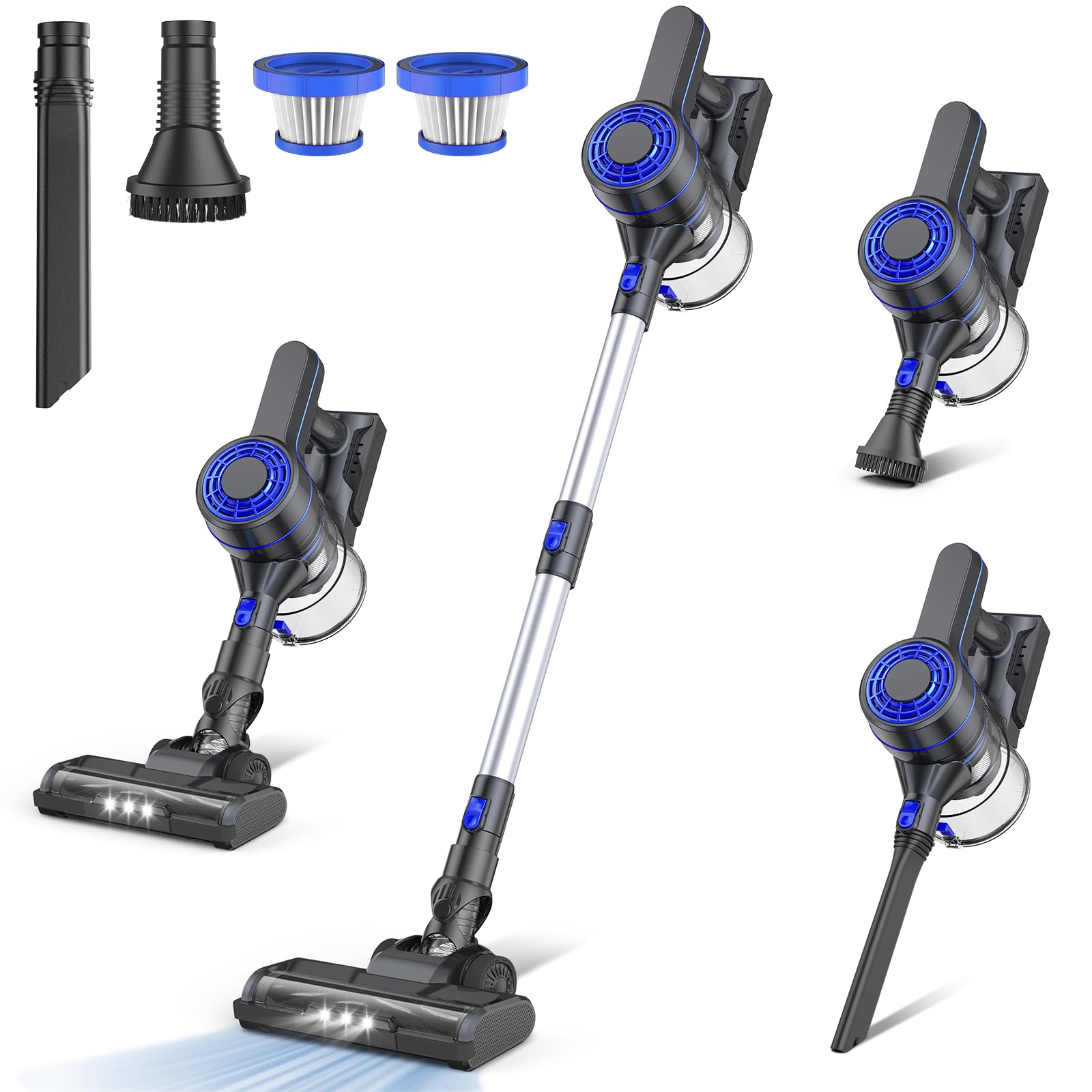EICOBOT 20000Pa Powerful Cordless Vacuum Cleaner - 35 Mins Runtime, 1.5L Dust Cup, 6-in-1 Lightweight Stick Vacuum with Detachable Battery for Hardwood Floors, Pet Hair, Car Cleaning - Dark Blue | Perfect for Home, Office & Auto Detailing