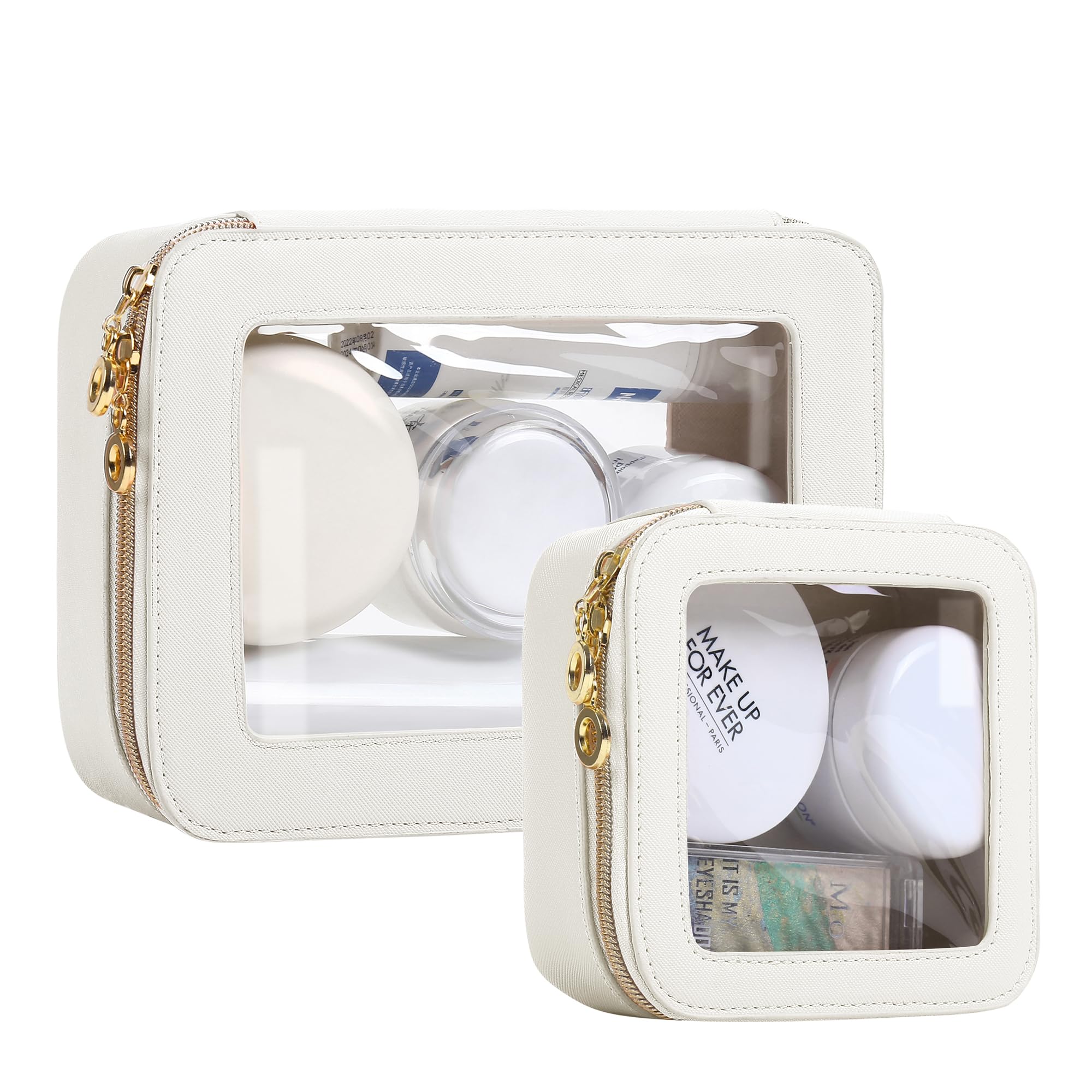 Leather Clear Makeup Bags Set - Travel Cosmetic Organizer with Zipper, TSA Approved Transparent Toiletry Bag for Women | Perfect for Air Travel, Gym Essentials & Car Organization (White, Small+Medium)