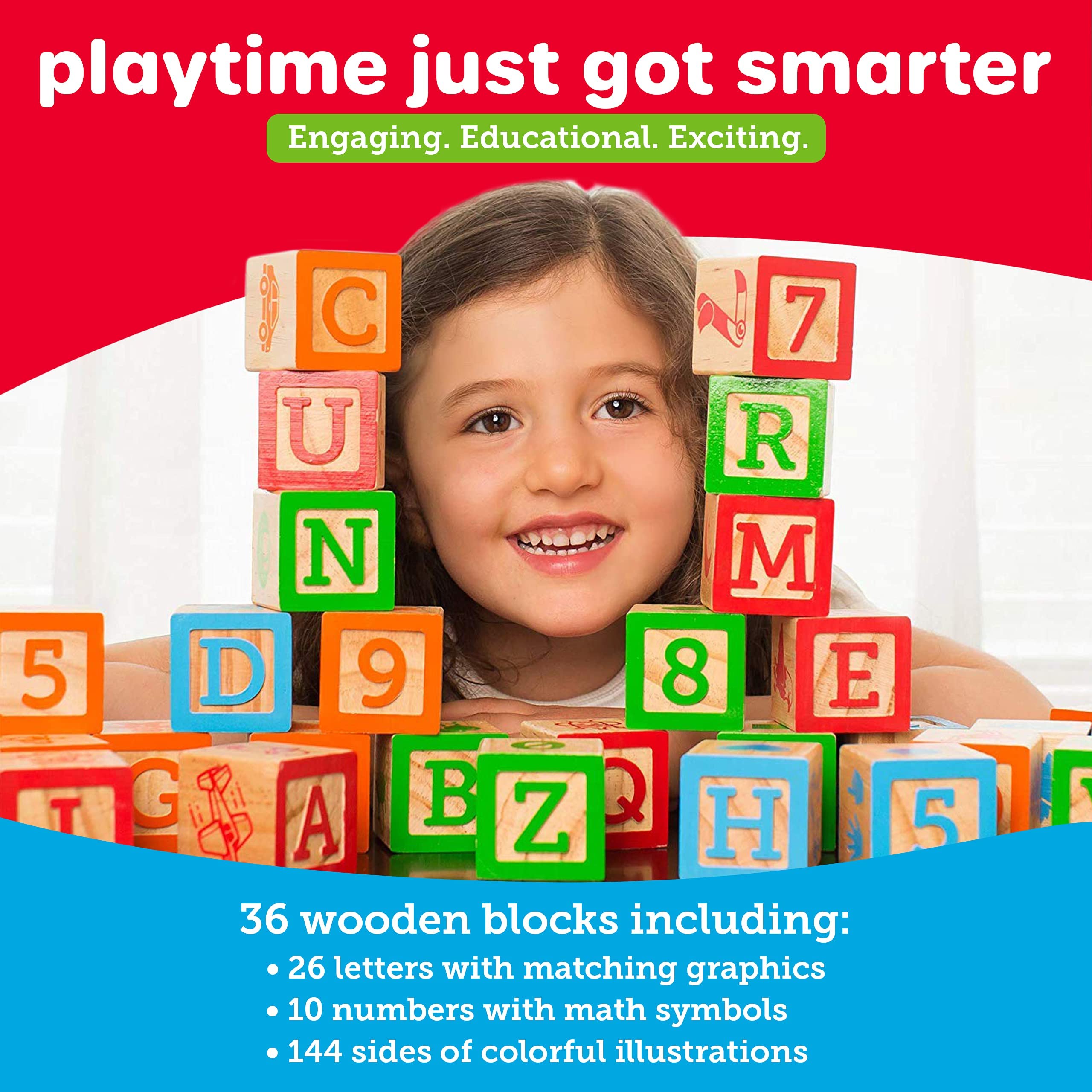36-Piece Wooden Building Blocks for Toddlers 1-3 Years - Large Stacking Blocks with Alphabet & Number Learning - Educational Montessori Toys for Preschool Learning & Creative Play