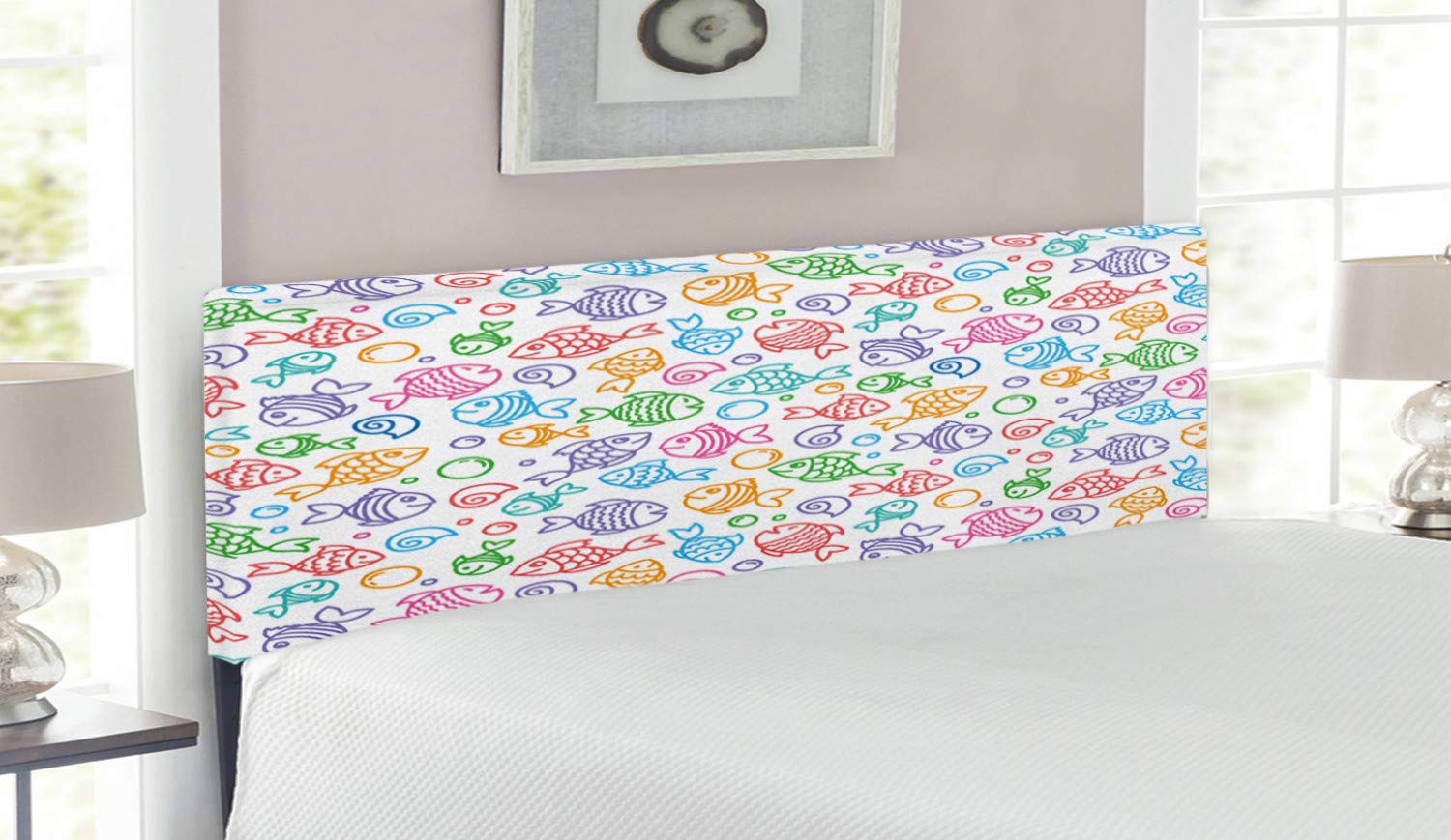 Ambesonne Queen Size Upholstered Metal Headboard - Colorful Doodle Fish Design with Happy Faces & Bubbles, Memory Foam Padding, Underwater Aquarium Theme | Perfect for Kids' Bedrooms, Beach House Decor & Ocean-Themed Bedroom Makeovers