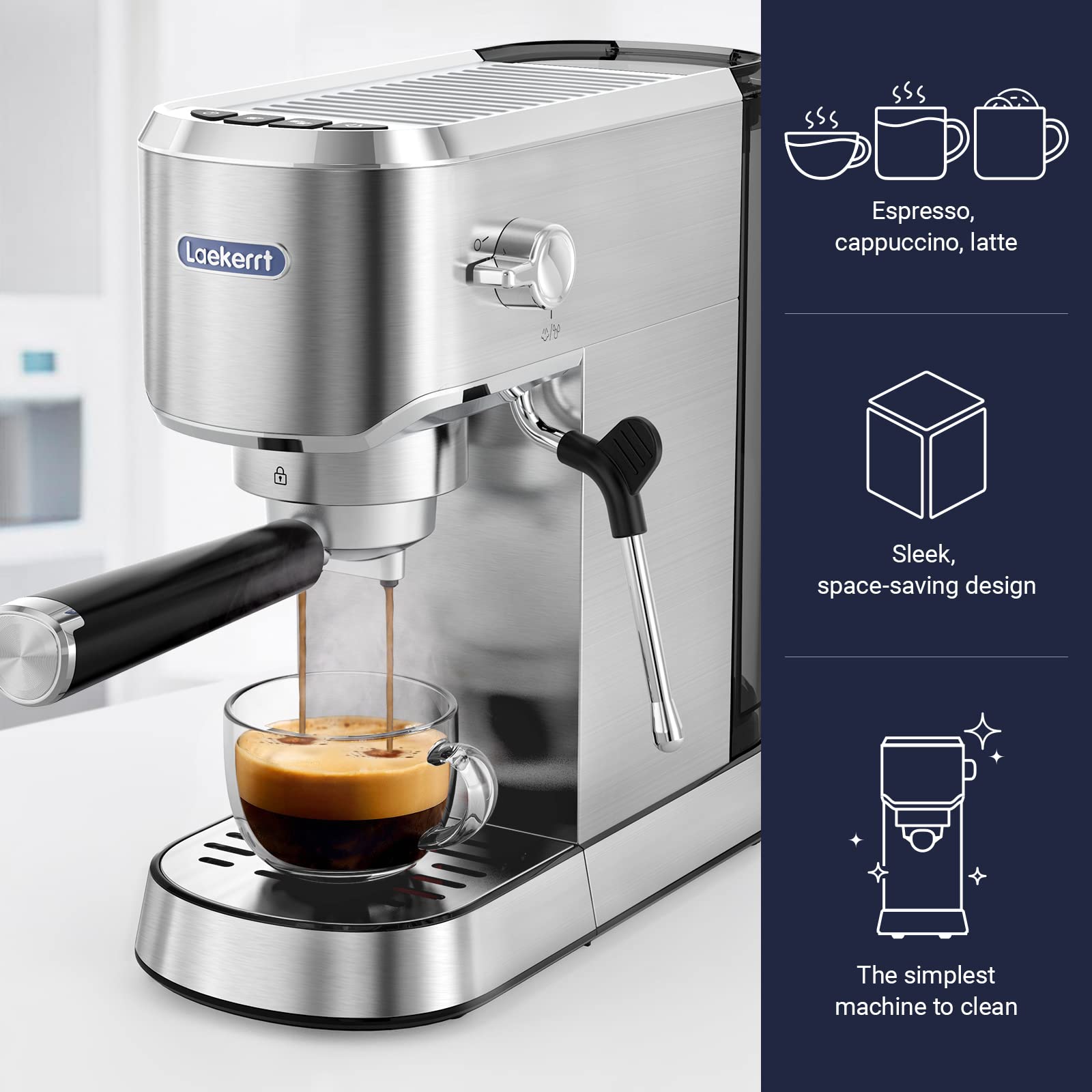 Laekerrt 20 Bar Espresso Machine with Milk Frother - Professional Stainless Steel Coffee Maker for Home Baristas - Perfect for Cappuccino, Latte & Espresso - Ideal Gift for Coffee Lovers & Men (Silver, 1350W) - Great for Home Kitchens, Offices & Coffee Shops