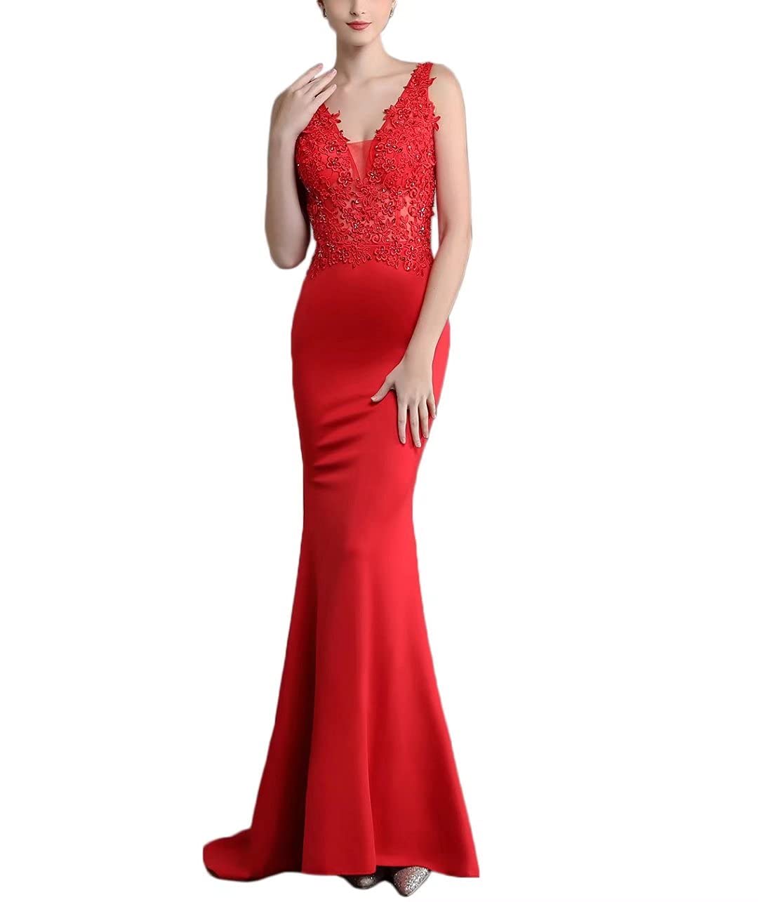 Elegant V-Neck Floral Lace Applique Long Mermaid Prom Dress for Women | Formal Evening Gown for Weddings, Galas & Special Occasions