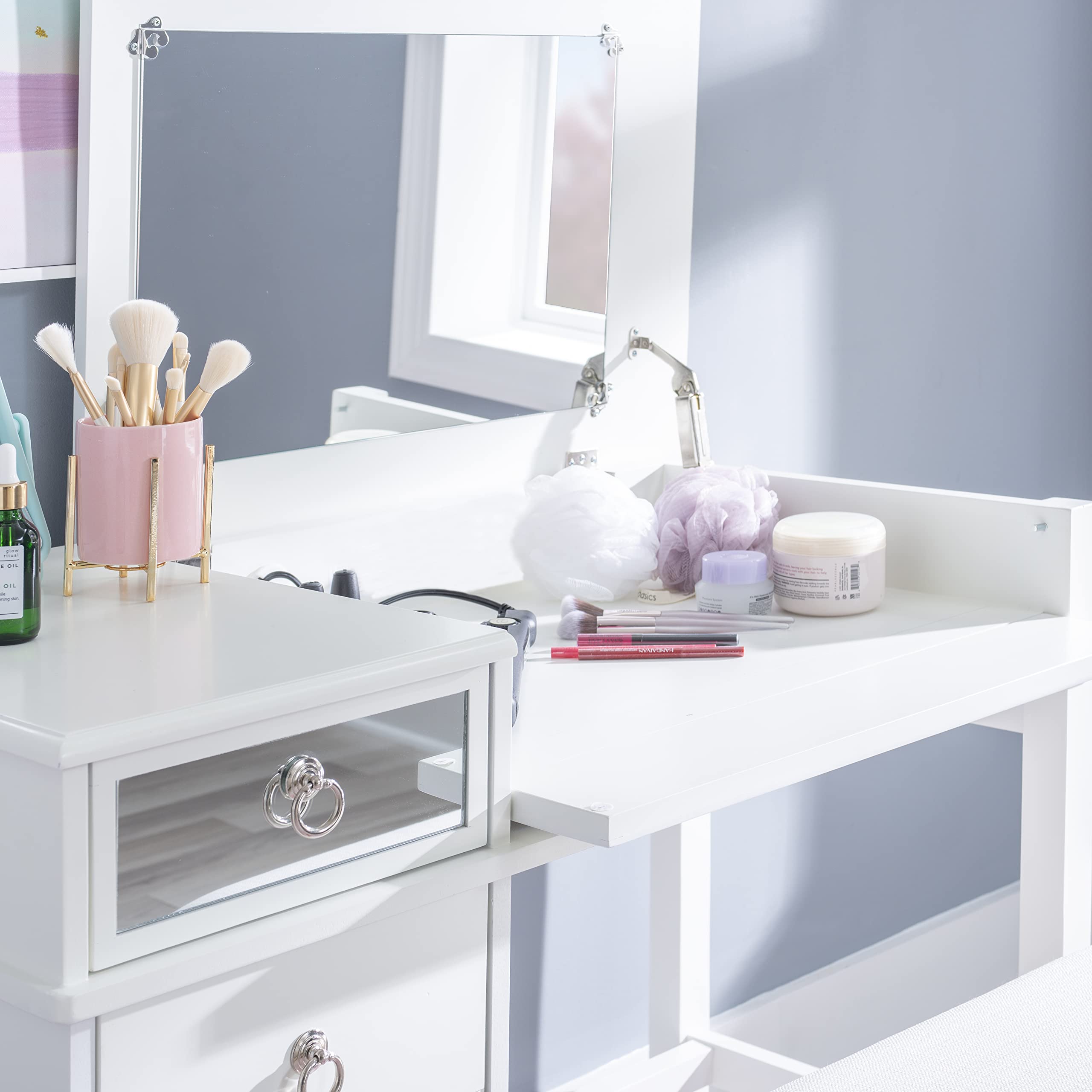 Linon White Vanity Set with Mirror & Stool - Elegant Dressing Table for Bedroom, Bathroom & Makeup Area