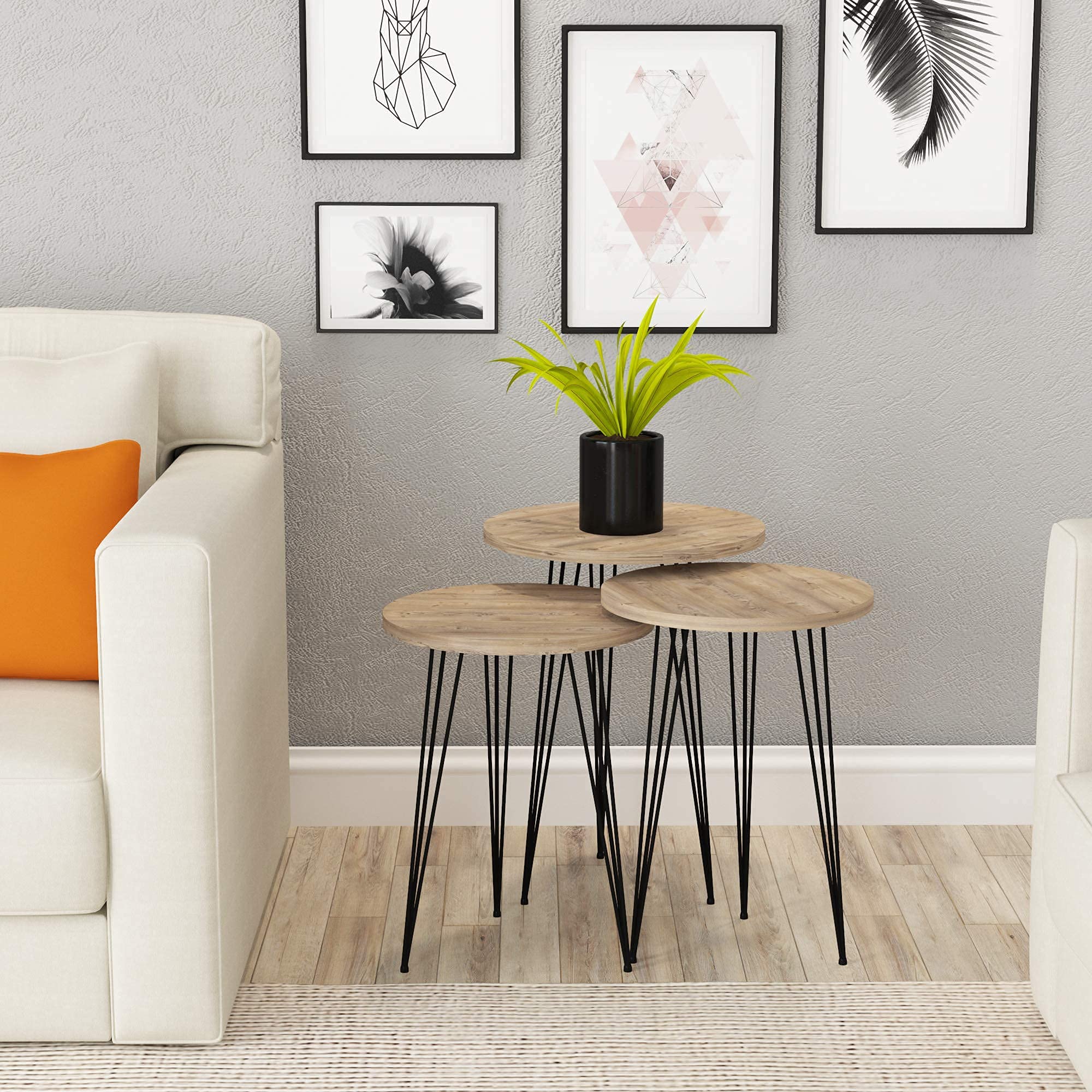 PAK HOME Set of 3 Round Grey Pine Wood Nesting End Tables with Metal Legs - Stackable Coffee Side Accent Tables for Living Room, Bedroom Nightstand & Home Office - Perfect for Small Spaces, Apartment Decor & Modern Furniture Arrangement