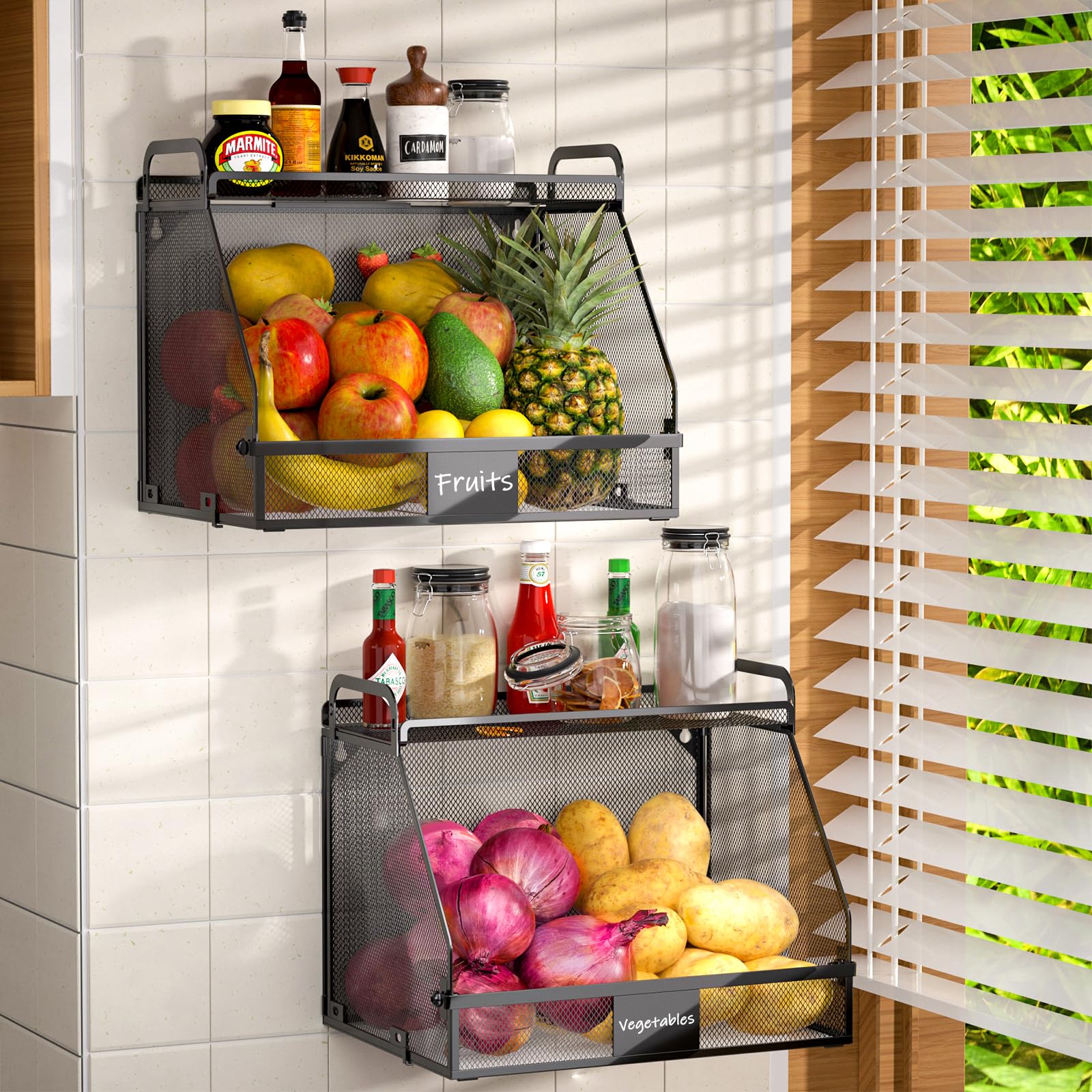 2 Pack Stackable Hanging Fruit Baskets for Kitchen - Onion, Potato & Vegetable Storage - Perfect for Pantry & Wall Organization