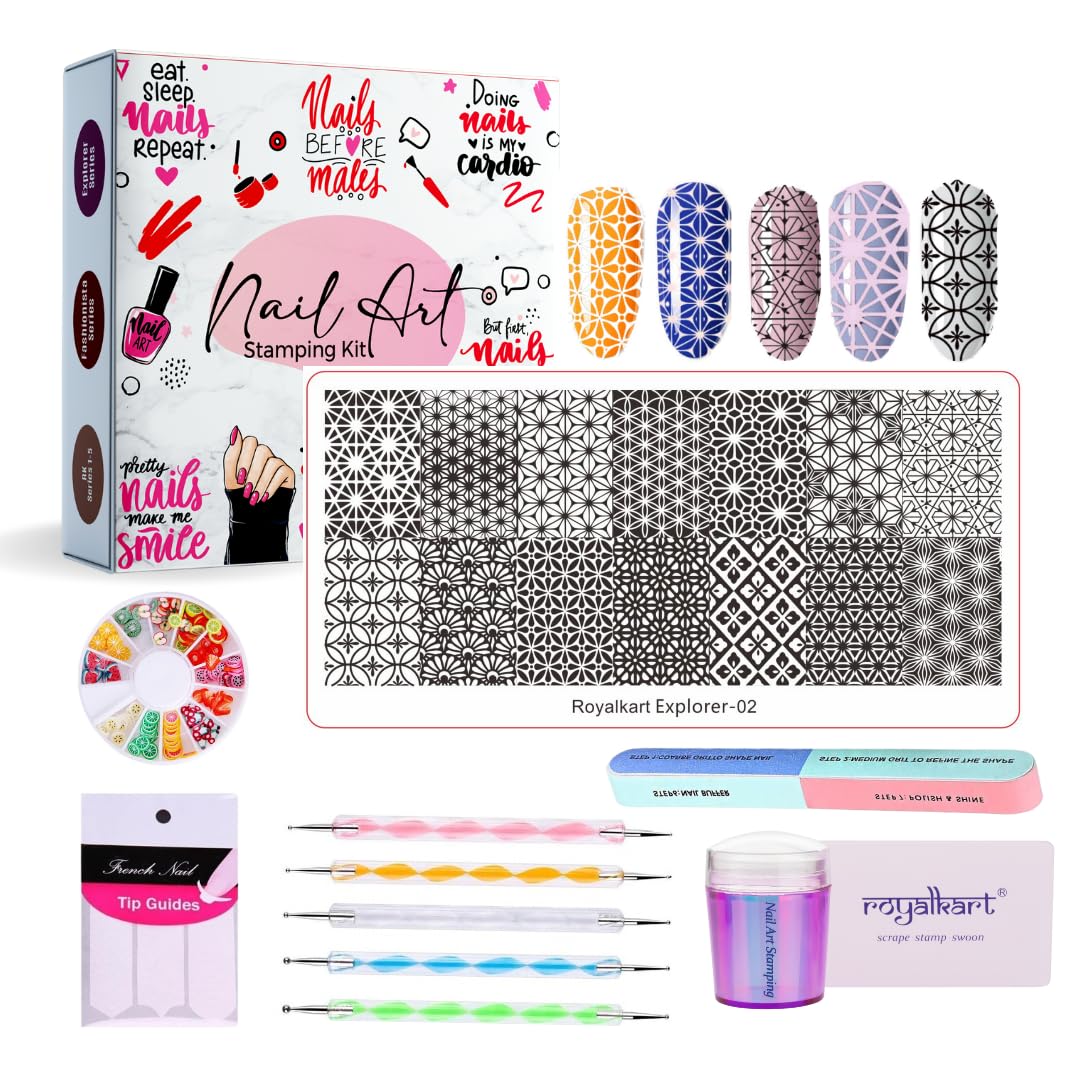 RoyalKart Professional Nail Art Kit for Girls & Beginners - 5 Dotting Pens, Stamping Plates, Silicone Stamper, Scraper, Buffer & Fimo Clay Wheel - Complete DIY Manicure Set for Home Salon & Party Nail Designs (Explorer-02)