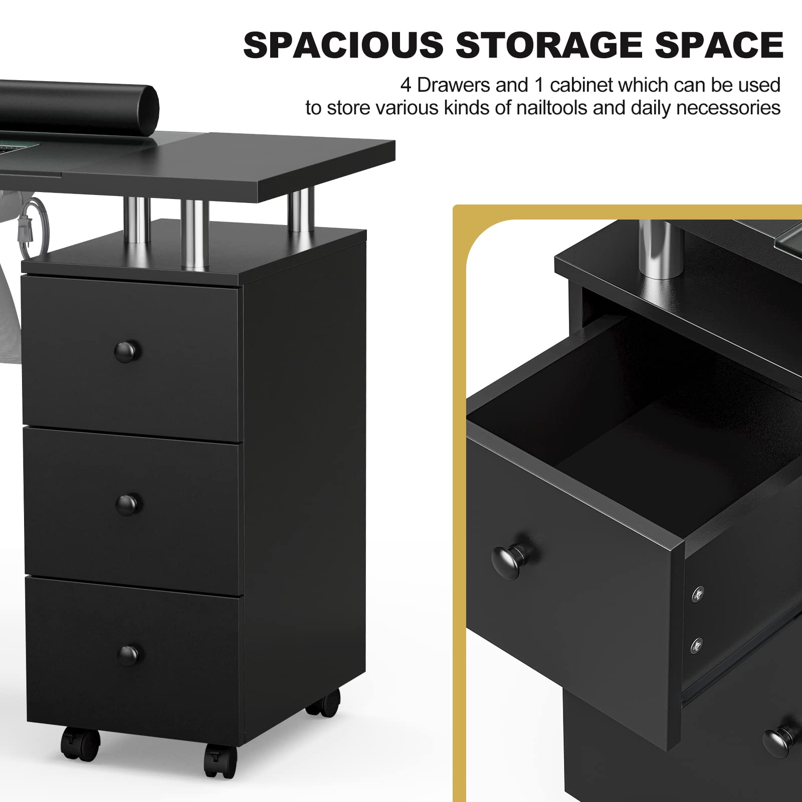 Premium Paddie Manicure Table with Glass Top - Professional Nail Salon Desk with Electric Downdraft Ventilation System, Wrist Cushion, Lockable Wheels & Storage Drawers - Perfect for Nail Technicians, Home Salons & Beauty Professionals (Black)