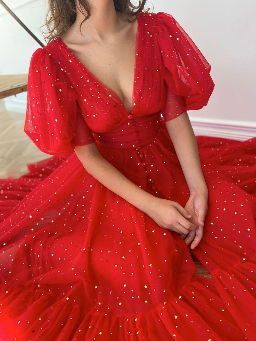 Elegant Red V-Neck Tulle Tea Length Prom Dress | Formal Evening Gown for Homecoming, Quinceañera & Special Occasions