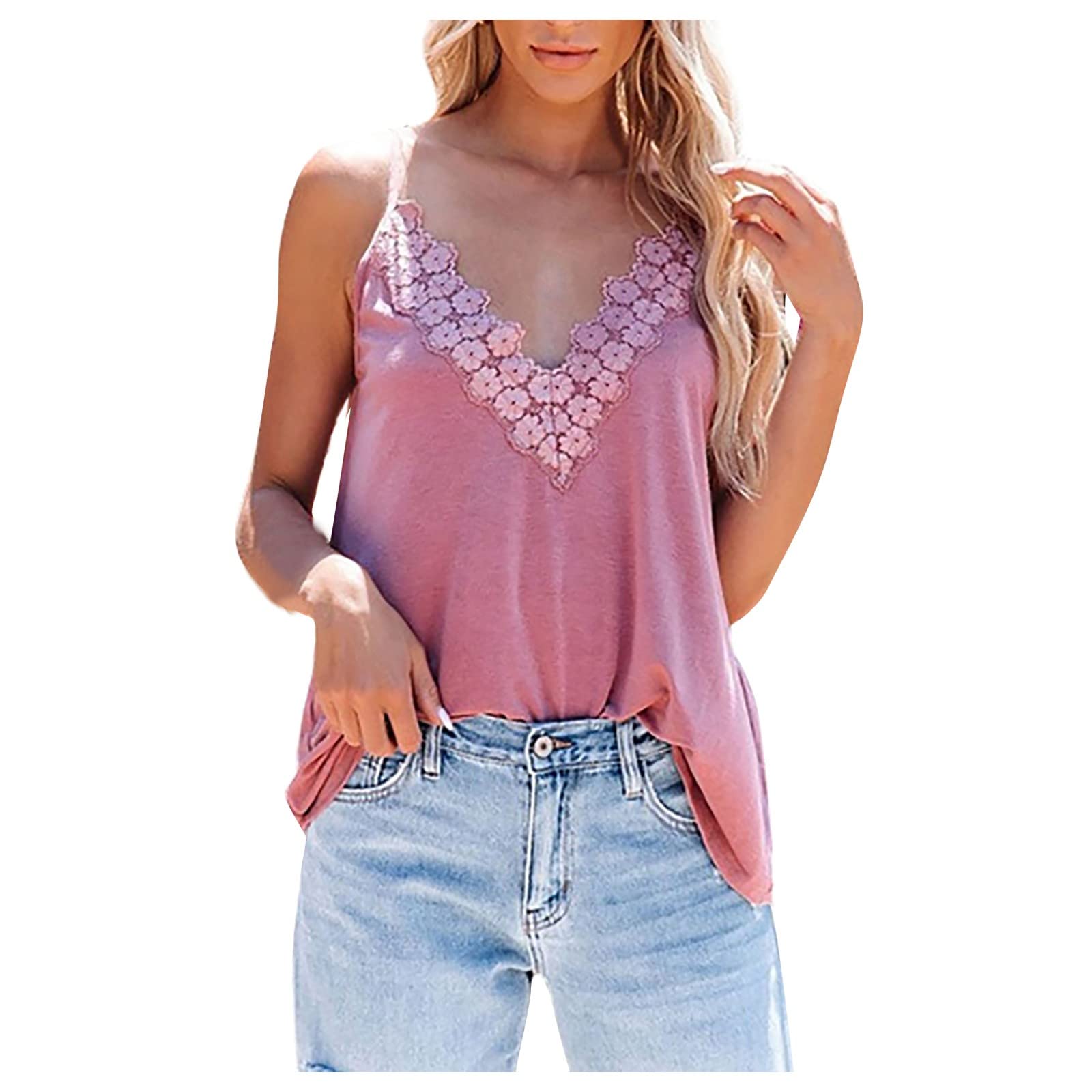 Women's Plus Size Flowy V-Neck Lace Crop Tank Top - Solid Color Summer Loose Camisole for Casual Wear, Beach Outfits & Layering