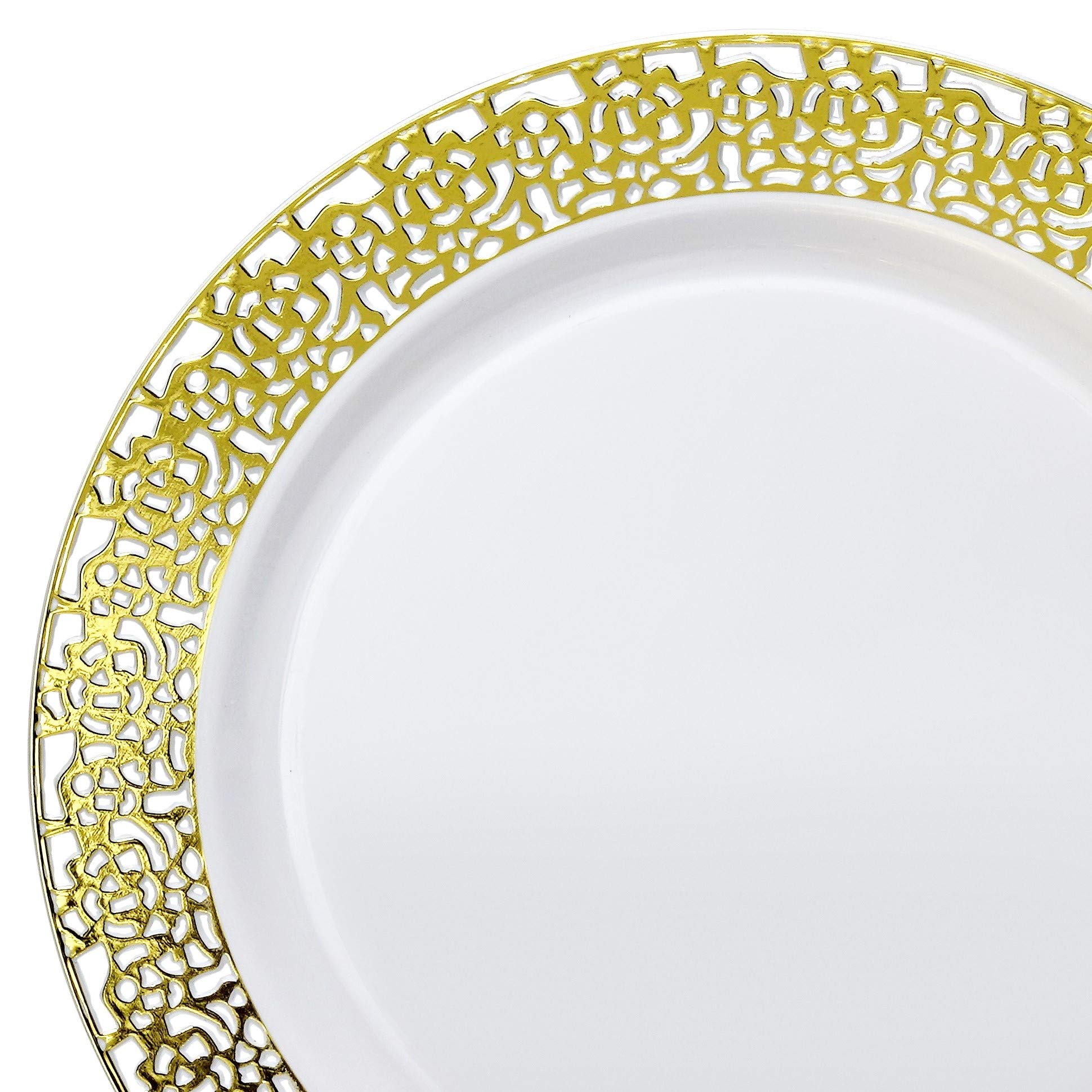 240-Pack Heavyweight Disposable Plastic Plates for Weddings & Parties - 7.5'' Appetizer/Dessert Plates in Elegant White & Gold Florence Design | Perfect for Catering, Bridal Showers, Birthday Celebrations & Formal Events