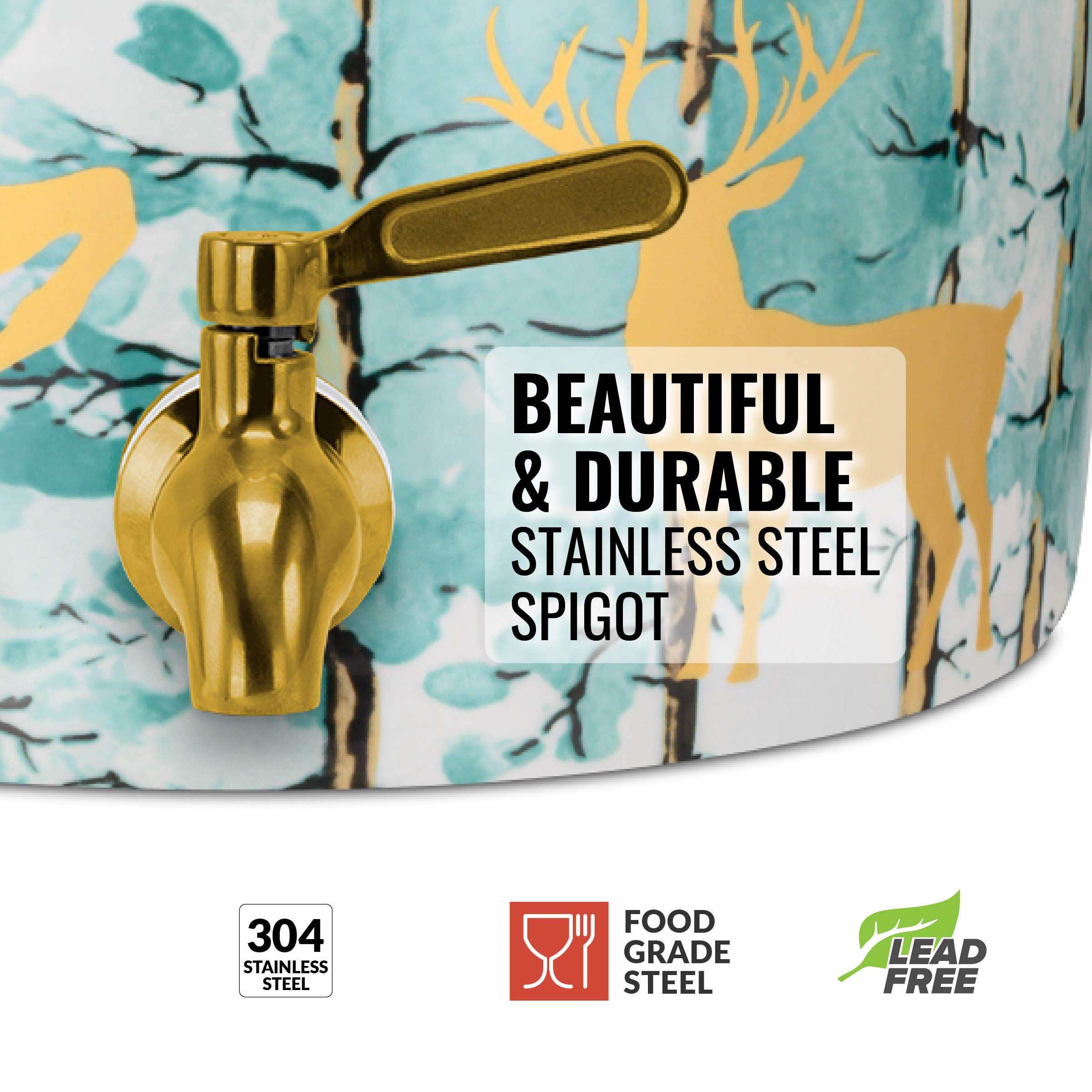 Geo Sports 3-5 Gallon Porcelain Water Dispenser with Wood Stand - Deer & Pine Tree Design, Stainless Steel Faucet & BPA-Free - Perfect for Home, Office, and Outdoor Events