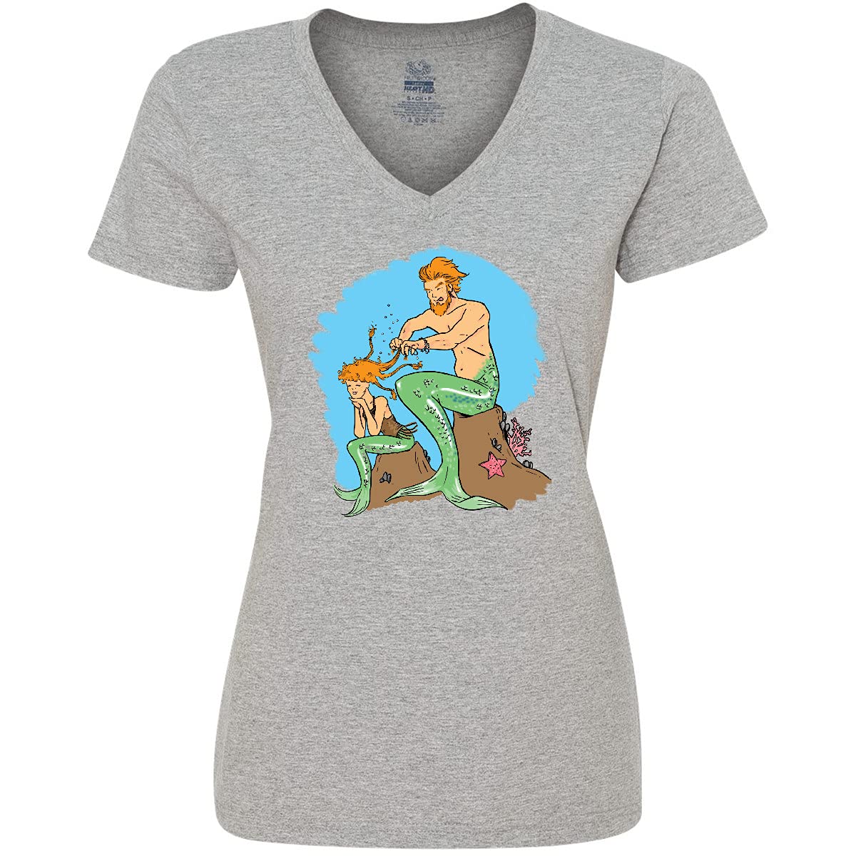 Inktastic Mer Dad and Daughter Braiding Radiant Red Hair Women's V-Neck T-Shirt - Comfortable Casual Tee for Father Daughter Matching Outfits, Family Bonding & Special Occasions