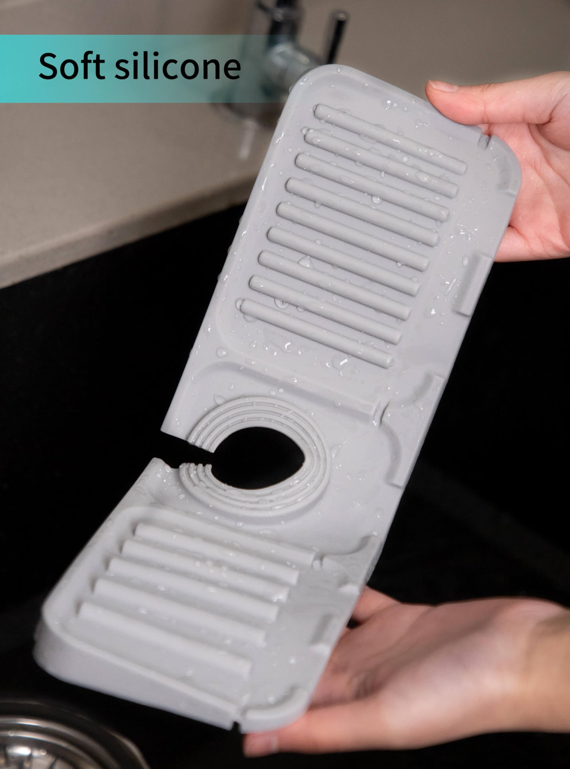 ARCLIBER Silicone Kitchen Sink Splash Guard with Drip Catcher Tray - 12.6''x4'' Grey Sink Accessory, Sponge Holder & Drying Mat - Perfect for Preventing Water Splashes & Organizing Kitchen Sink Area