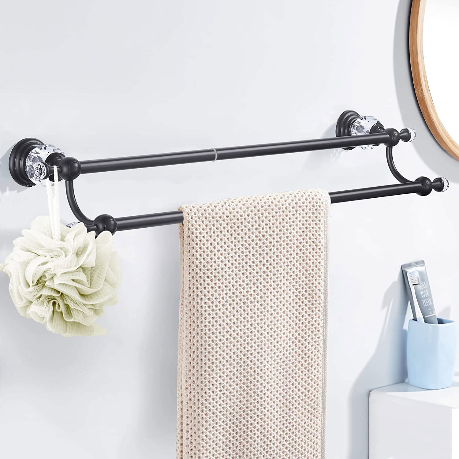 WINCASE Adjustable Double Matte Black Towel Rack - Wall Mounted Bathroom Towel Holder & Hanger for Showers, Baths & Spa Decor (Crystal Design)