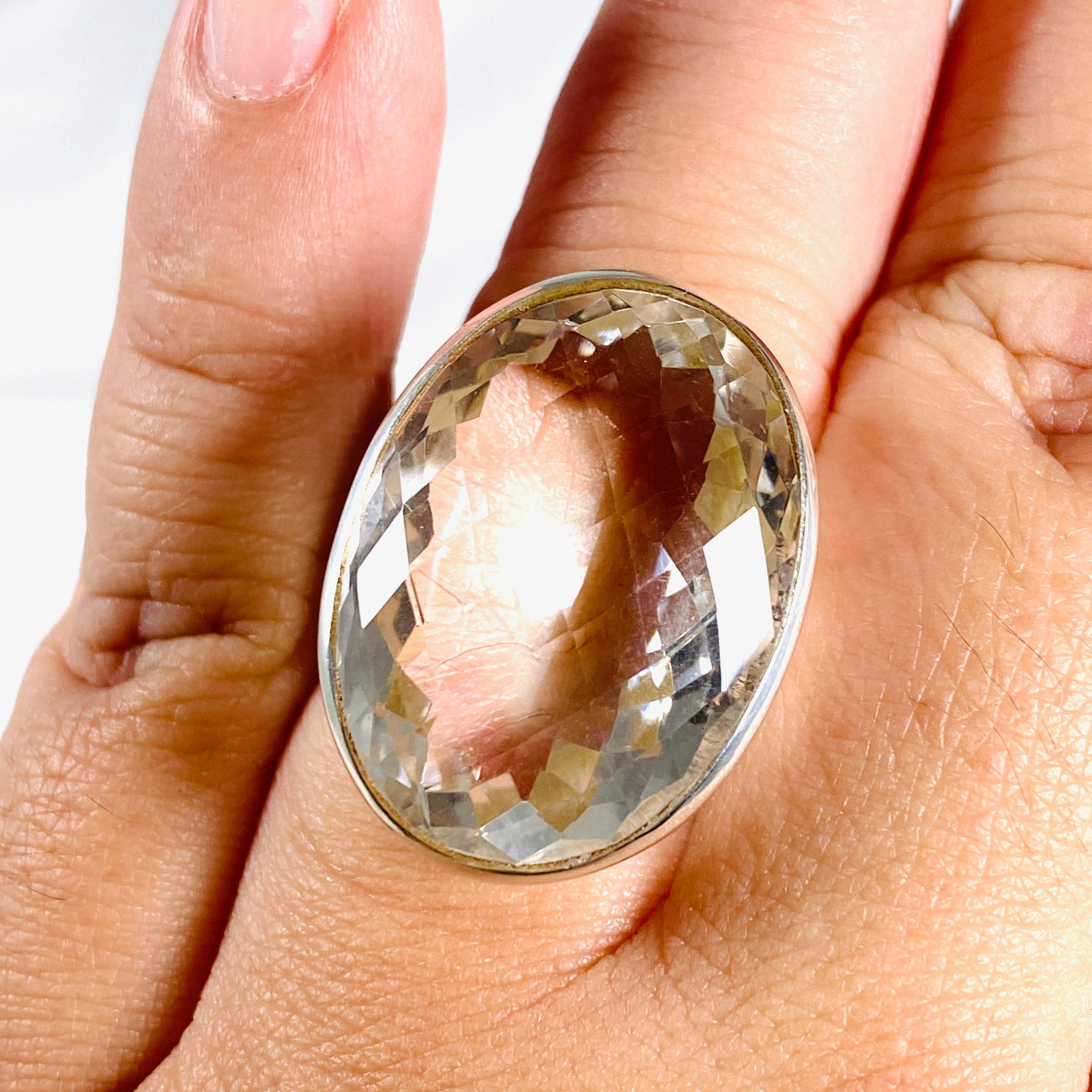 Natural Clear Quartz Oval Faceted Sterling Silver Ring Size 10 - Elegant Crystal Jewelry for Women, Perfect for Weddings, Parties & Everyday Wear