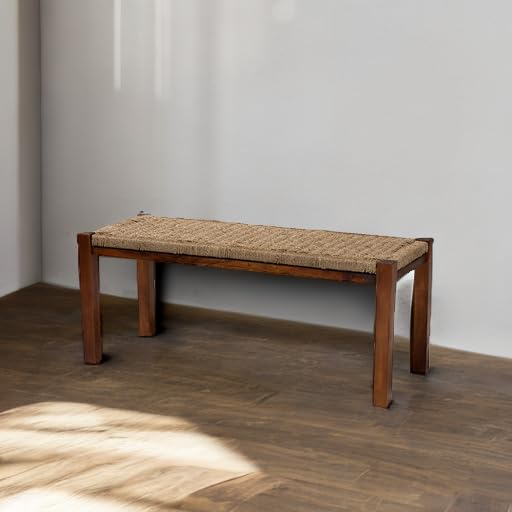 Bali & Pari Hermes Woven Seagrass Accent Bench - Natural Walnut Brown - Handwoven Rattan Stool for Living Room, Bedroom, or Patio Decor