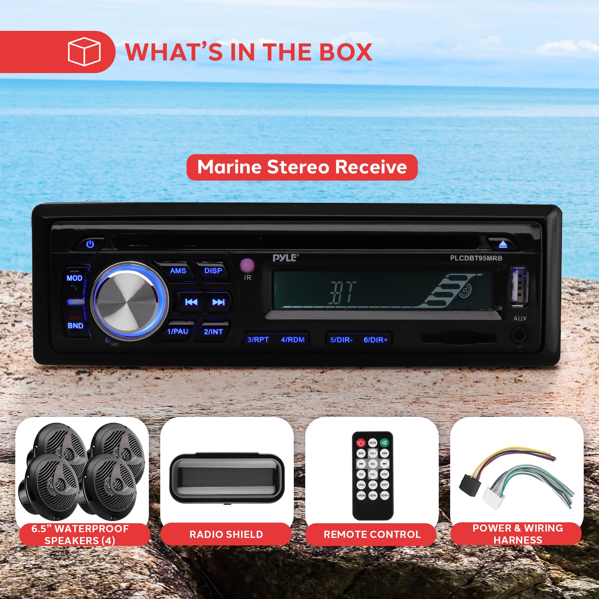 Pyle Wireless Bluetooth Marine Audio Stereo System - Single DIN Universal Car Stereo Receiver with 6.5