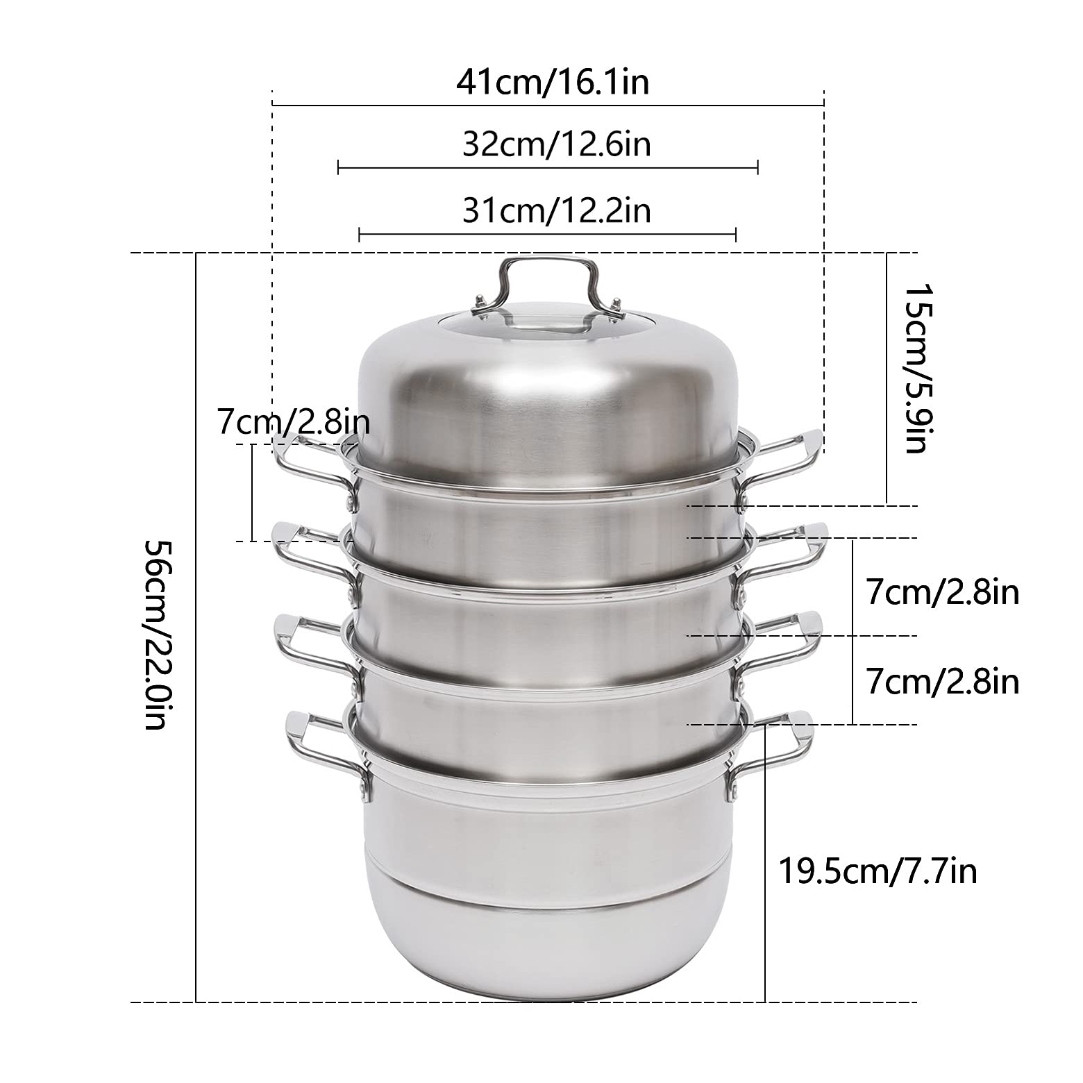 5-Layer Stackable Stainless Steel Steamer Pot with Glass Lid - 304 Rustproof Food Steamer for Vegetables, Dumplings & Seafood - Perfect for Healthy Cooking, Meal Prep & Asian Cuisine