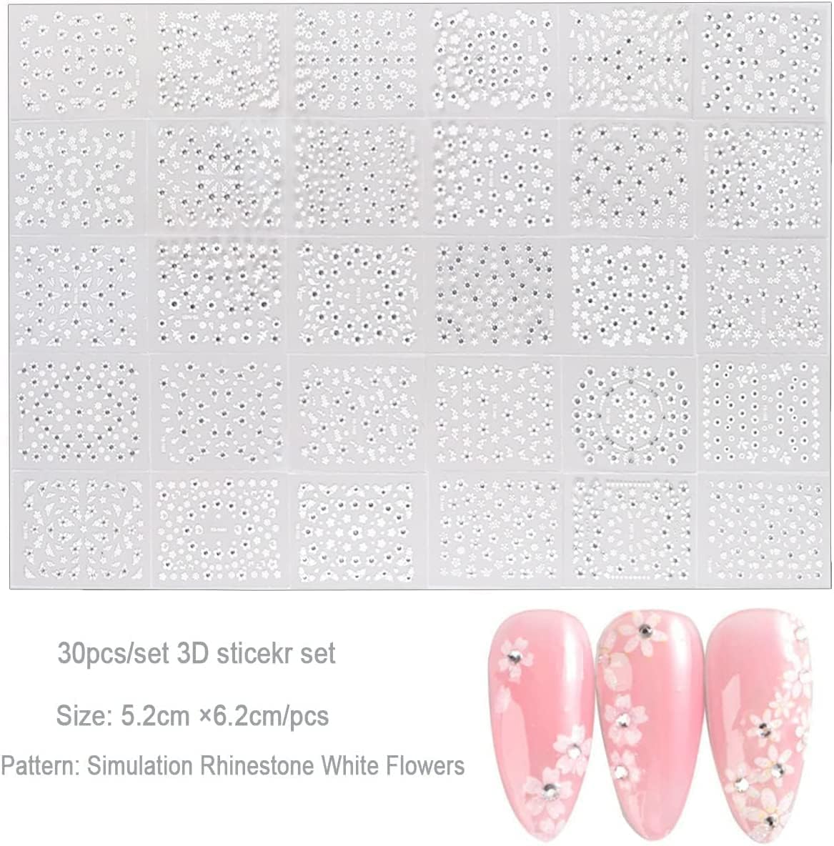 3D White Flower Nail Art Stickers with Rhinestones - Self-Adhesive Nail Decals for Professional Salon & Home Manicure - 30 Sheets Floral Nail Designs for Wedding, Party & Everyday Nail Decorations