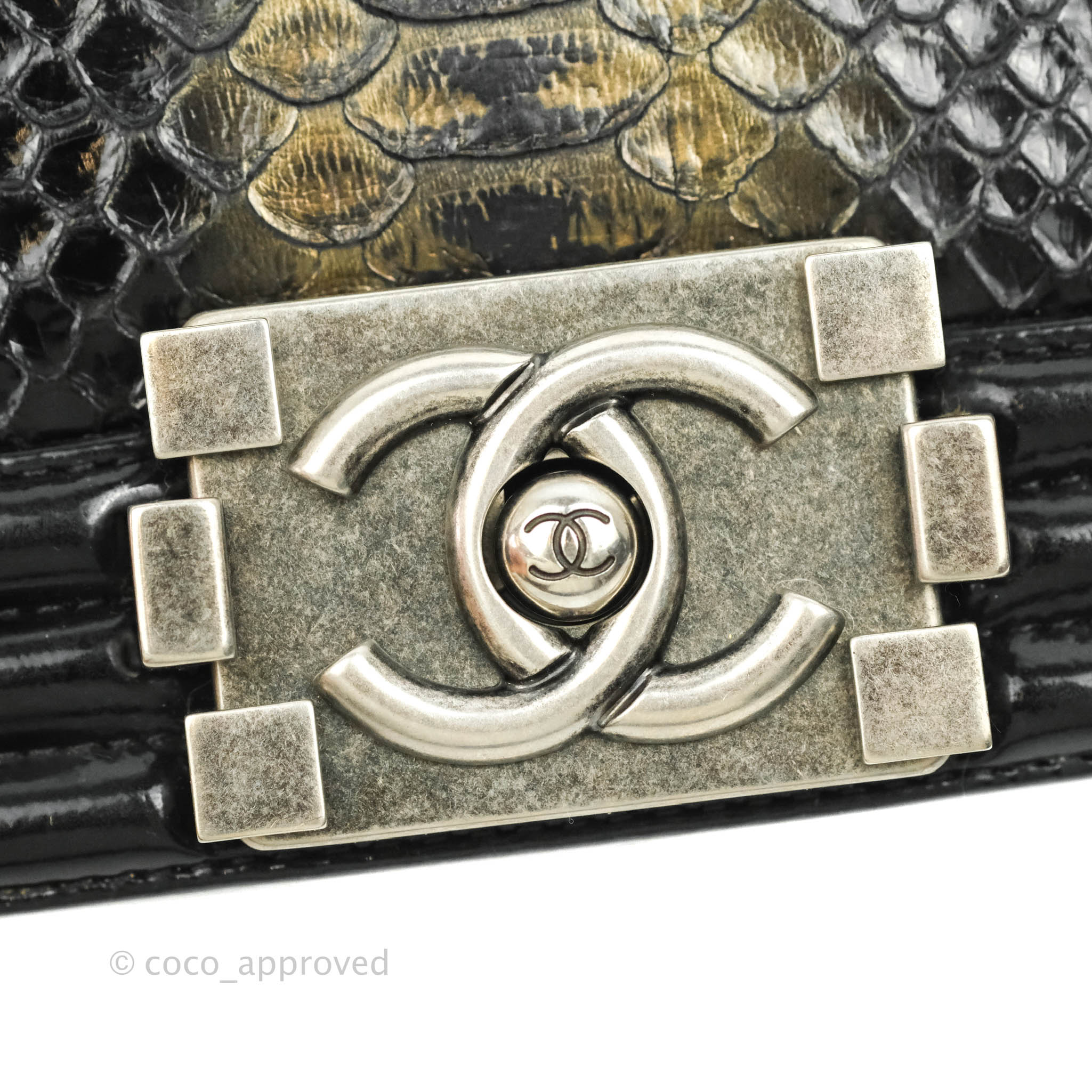 Chanel Boy Clutch Handbag - Genuine Python Leather with Patent Black Finish & Ruthenium Hardware - Perfect for Evening Parties & Luxury Events