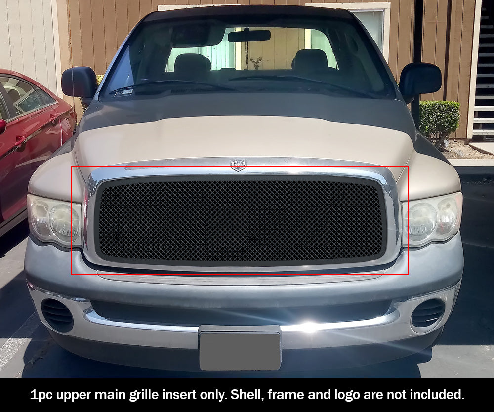 APS Black Stainless Steel Upper Mesh Grille for 2002-2005 Dodge Ram 1500/2500/3500 - Durable Replacement Grille for Truck Customization & Off-Road Protection