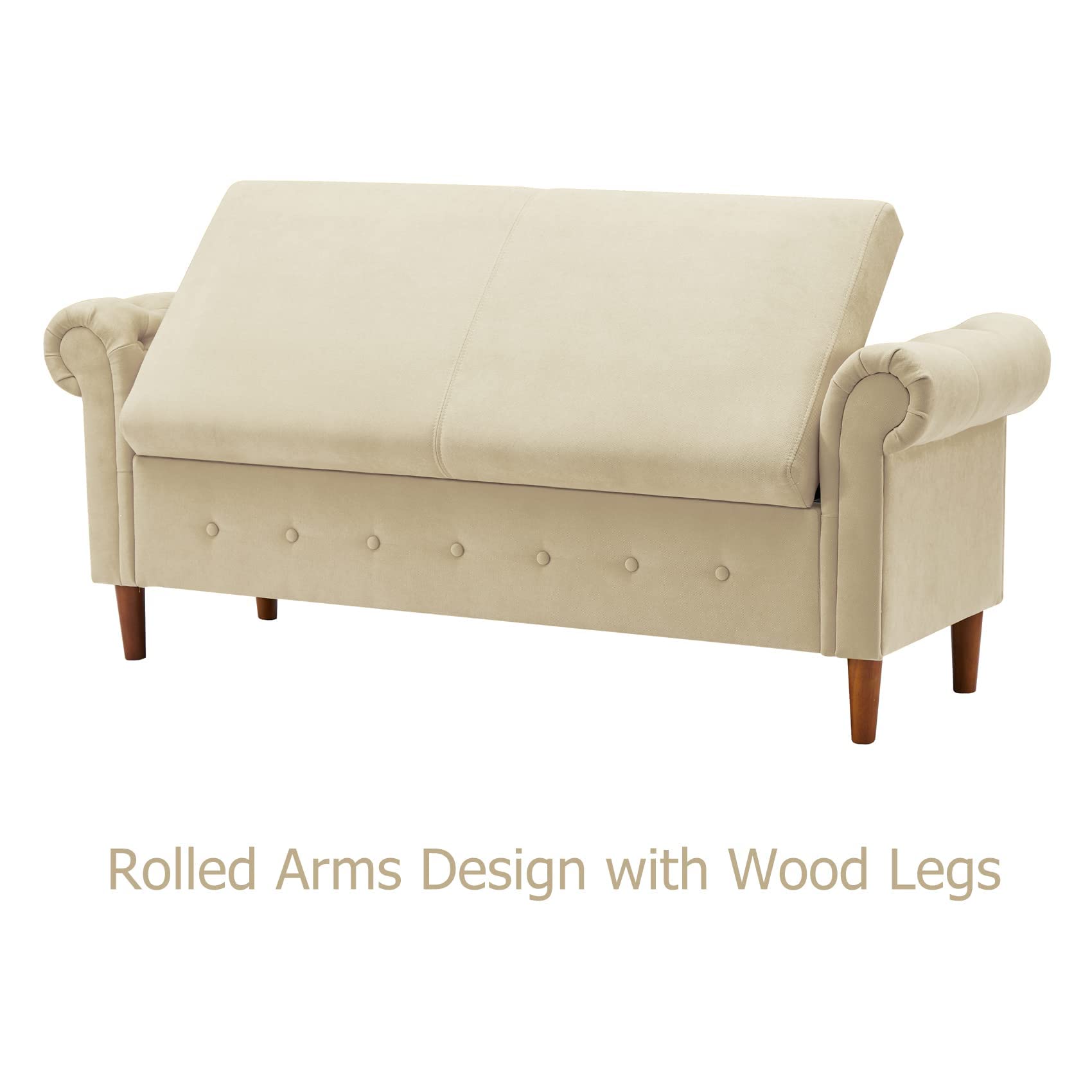 Aoowow Storage Bench with Rolled Arms - Linen Fabric Ottoman for Bedroom, End of Bed, Window Seat, or Fireplace - Beige Toy Storage Bench for Living Room, Nursery, or Entryway