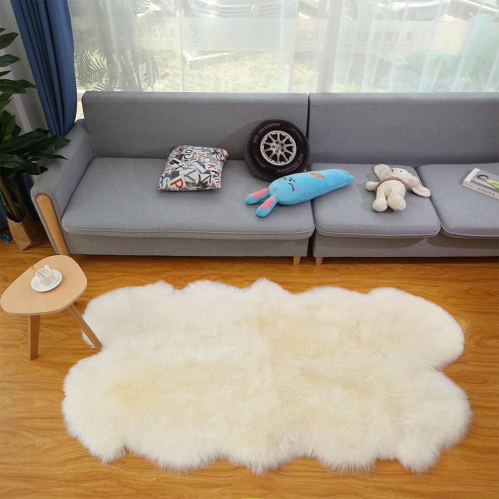 Premium Genuine White Sheepskin Rug - Large Fluffy Quad Sheepskin Throw for Living Room, Bedroom, Nursery & Home Decor - Soft Cozy Floor Mat for Relaxation & Comfort