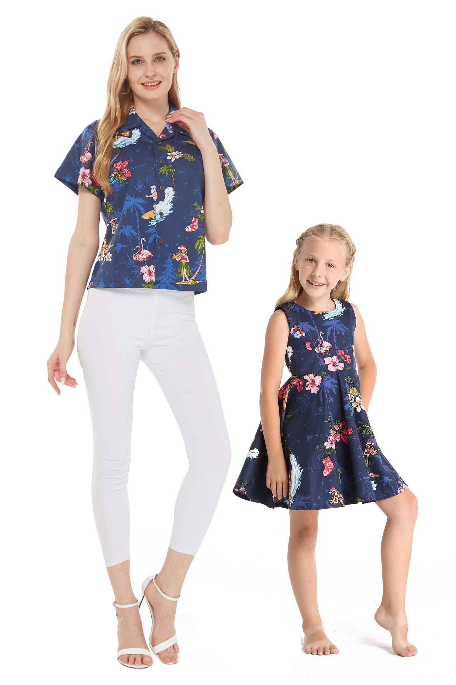 Stylish Matching Luau Mother Daughter Aloha Shirt & Vintage Dress - Hawaiian Christmas Santa Outfit for Family Photos, Holiday Parties & Tropical Vacations