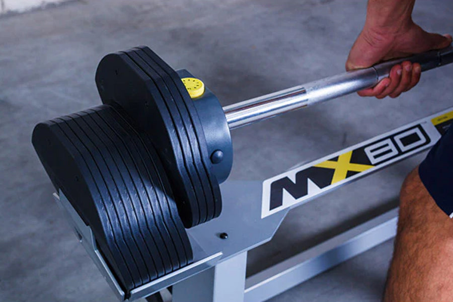 MX80 Rapid Change Adjustable Barbell & Curl Bar System (20-80lbs) - Home Gym Equipment for Strength Training & Weightlifting Workouts