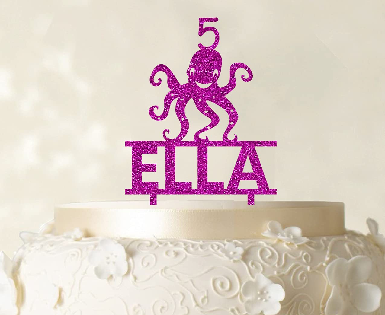Custom Name Cake Topper with Octopus Figure - Glitter Birthday Cake Decorations (6-7 Inches Wide) - Perfect for Birthday Parties, Baby Showers & Wedding Celebrations