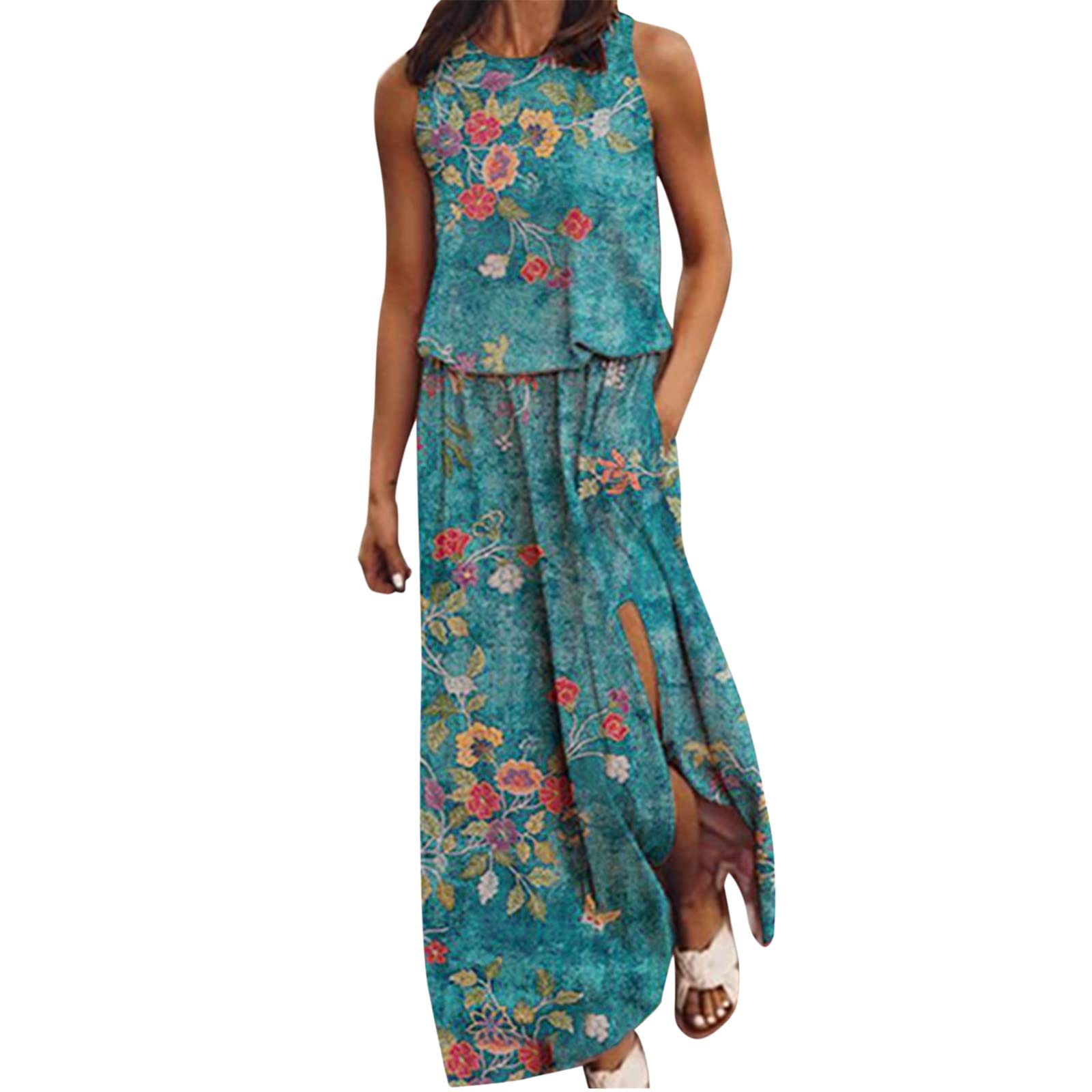 Women's Maxi Dress - Summer & Spring Sleeveless O-Neck Boho Beach Sundress with Side Slit & Pockets | Casual Wear, Vacation Outfit, Poolside Cover-Up, Outdoor Date Night Dress