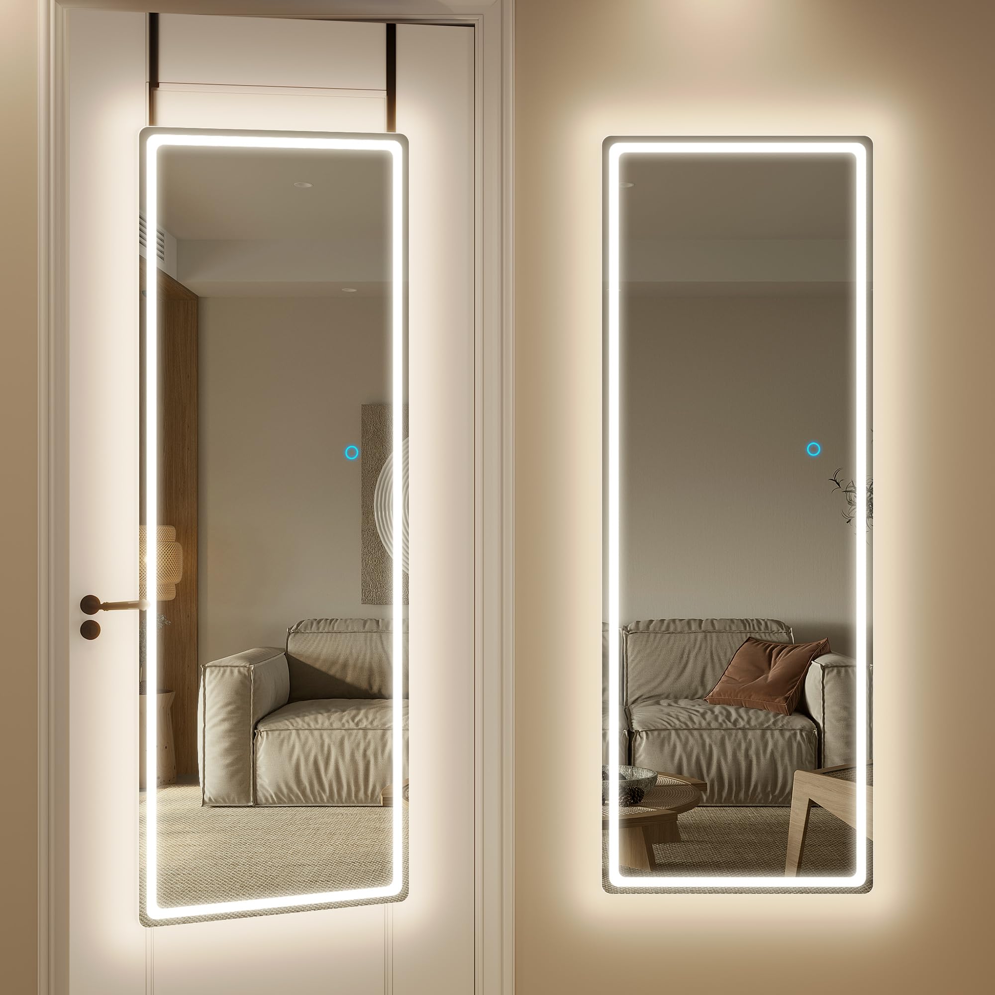 LVSOMT 47x14 Inch Full Length LED Lighted Mirror - Over The Door Hanging & Wall Mounted Full Body Mirror with Lights for Bedroom, Living Room, Dressing Room (White) - Perfect for Makeup, Outfit Checks & Home Decor
