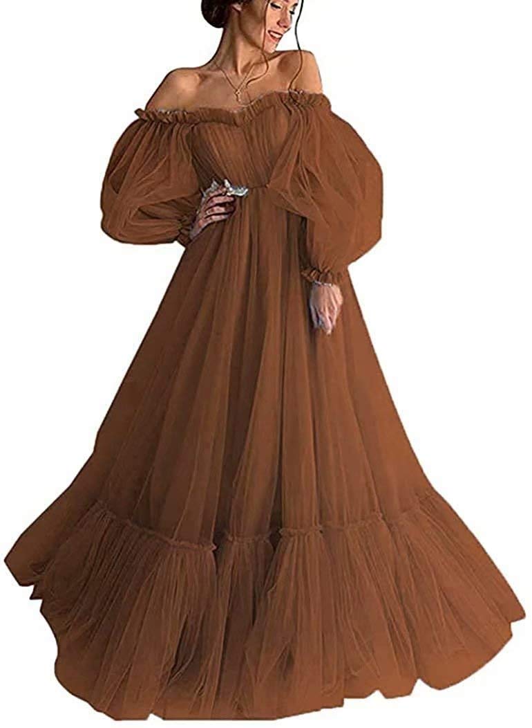 Elegant Off Shoulder Long Ruffle Sweetheart Tulle Ball Gown with Puffy Sleeves - Women's Prom Dress for Formal Events, Weddings & Special Occasions