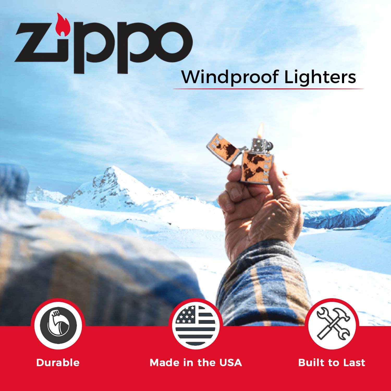 Zippo Windproof Lighter - Durable Metal Refillable Lighter with Zippo Fluid - Perfect for Cigarettes, Cigars, Candles & Camping - Pocket Fire Starter with Classic Wall Emblem Design